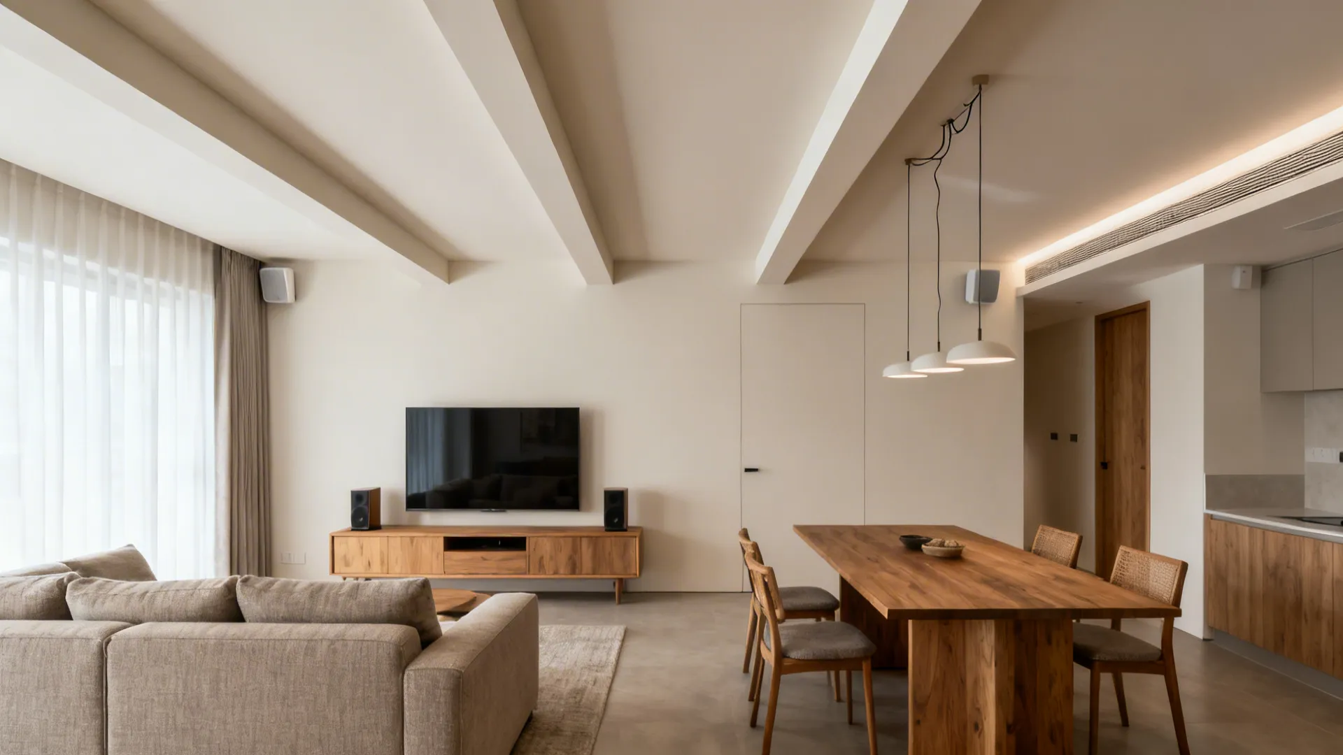 Open-plan living space with slim, evenly spaced ceiling beams defining the lounge area.
