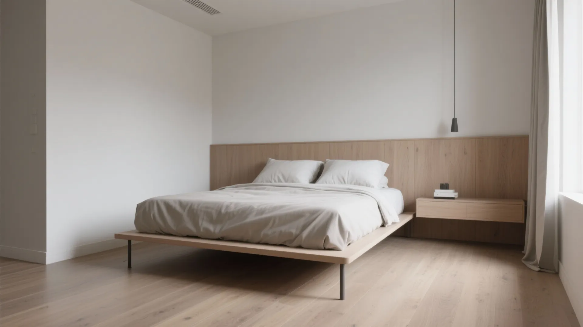 Simple bedroom interior with light wood bed frame matching wall panel and a side table