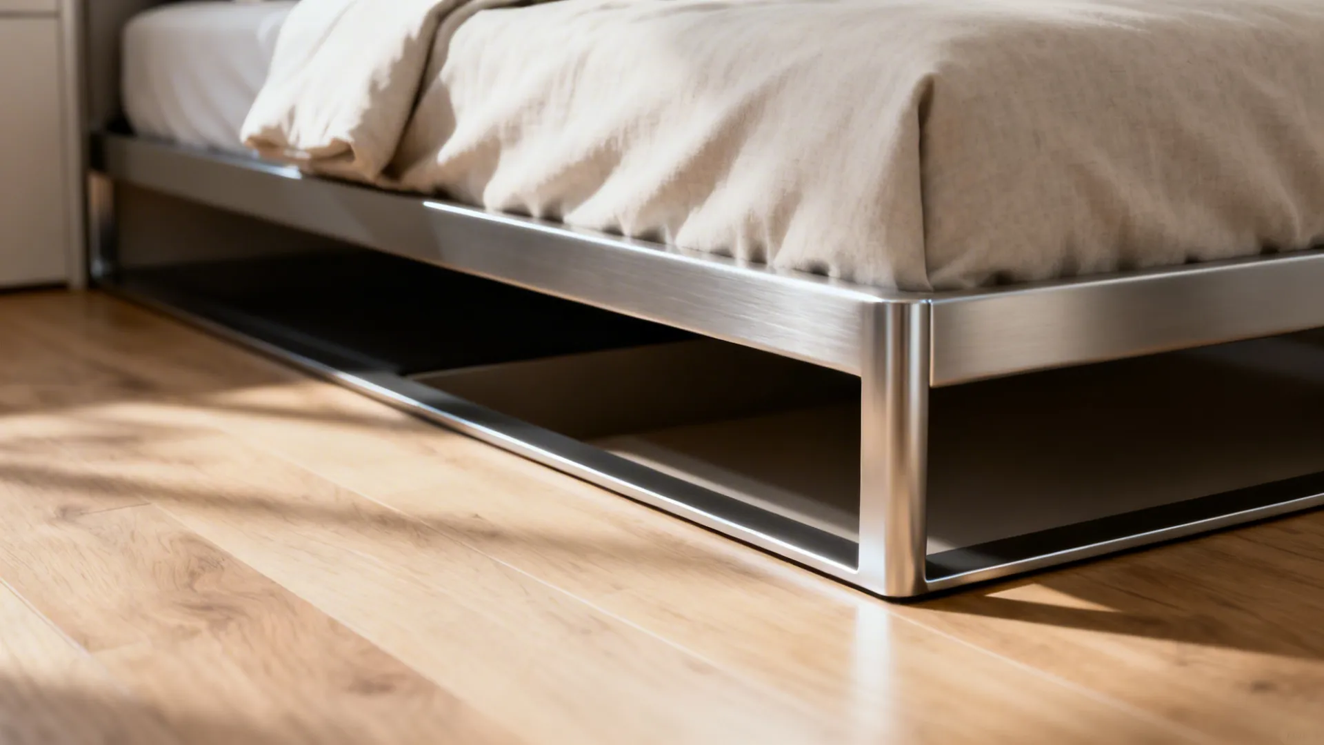 Close-up of a slim metal platform bed frame in a compact bedroom with soft natural light.