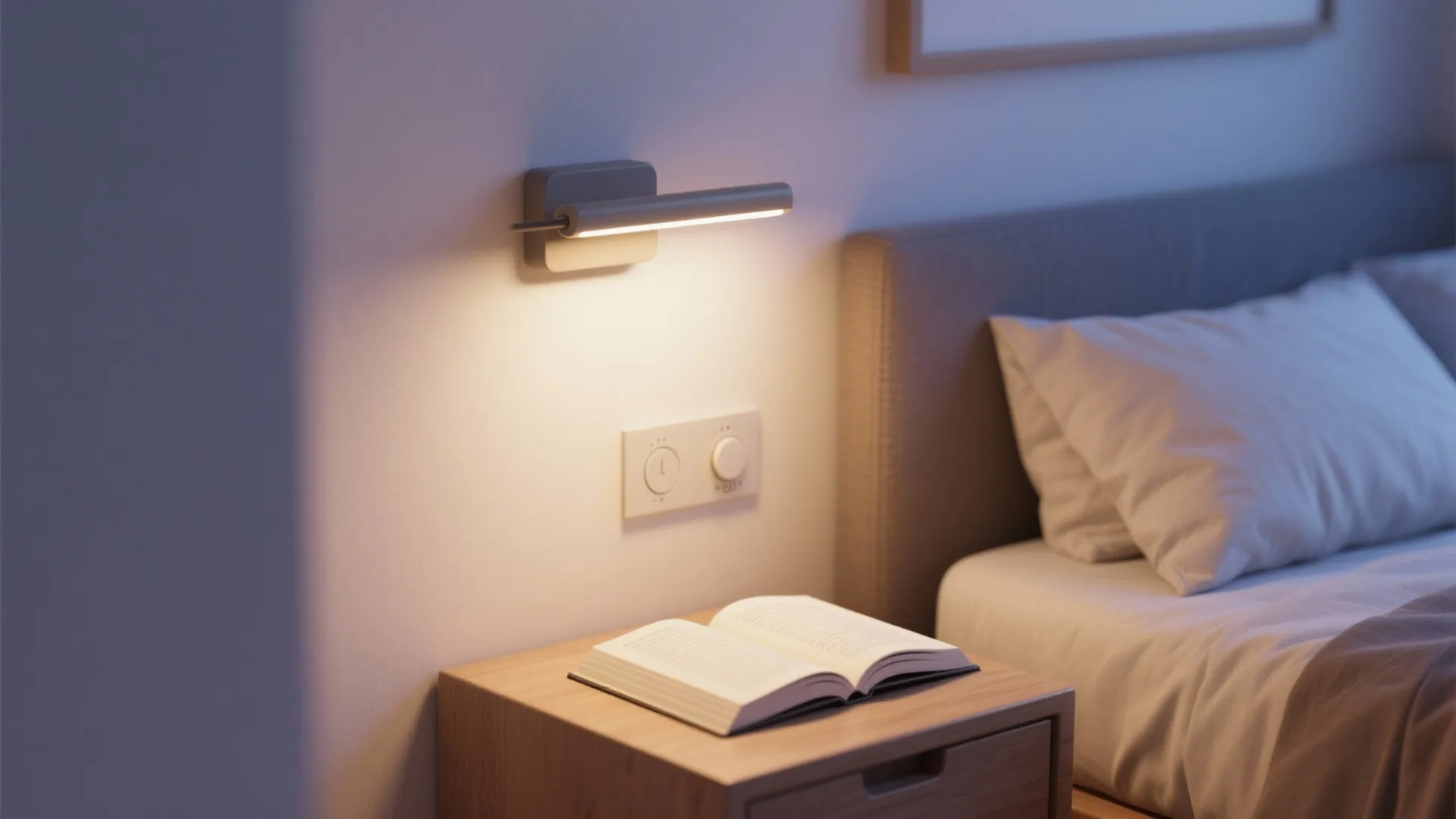 Modern wall light illuminating an open book on a wooden bedside table in cozy bedroom