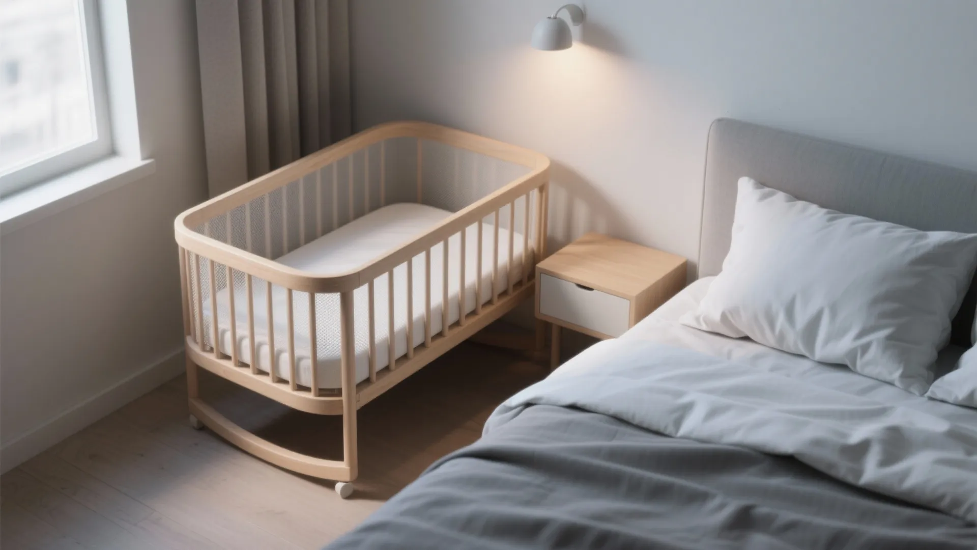 Small wooden baby crib next to grey bed with white pillow and wood side table furniture