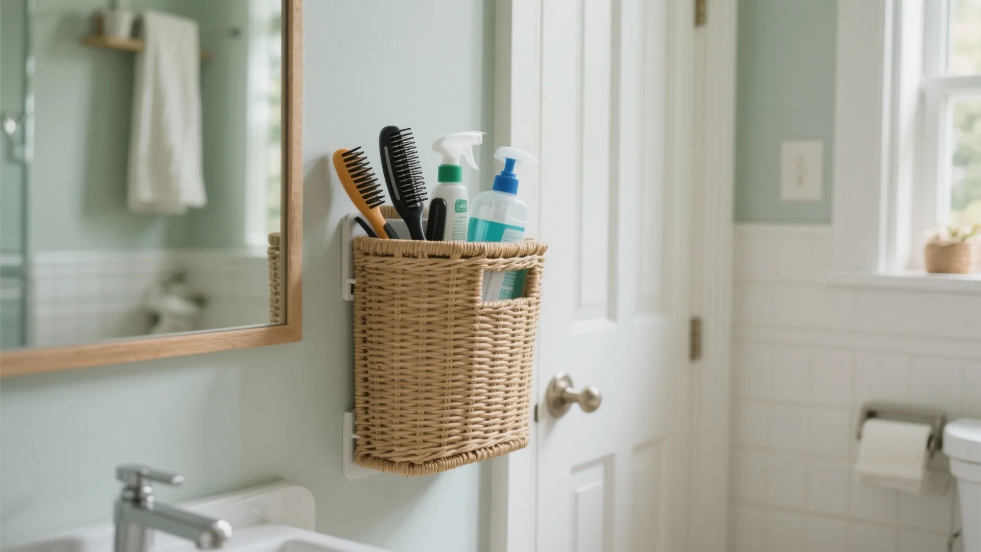 Wall mounted woven basket holding hair brushes and bottles near a bathroom door and mirror