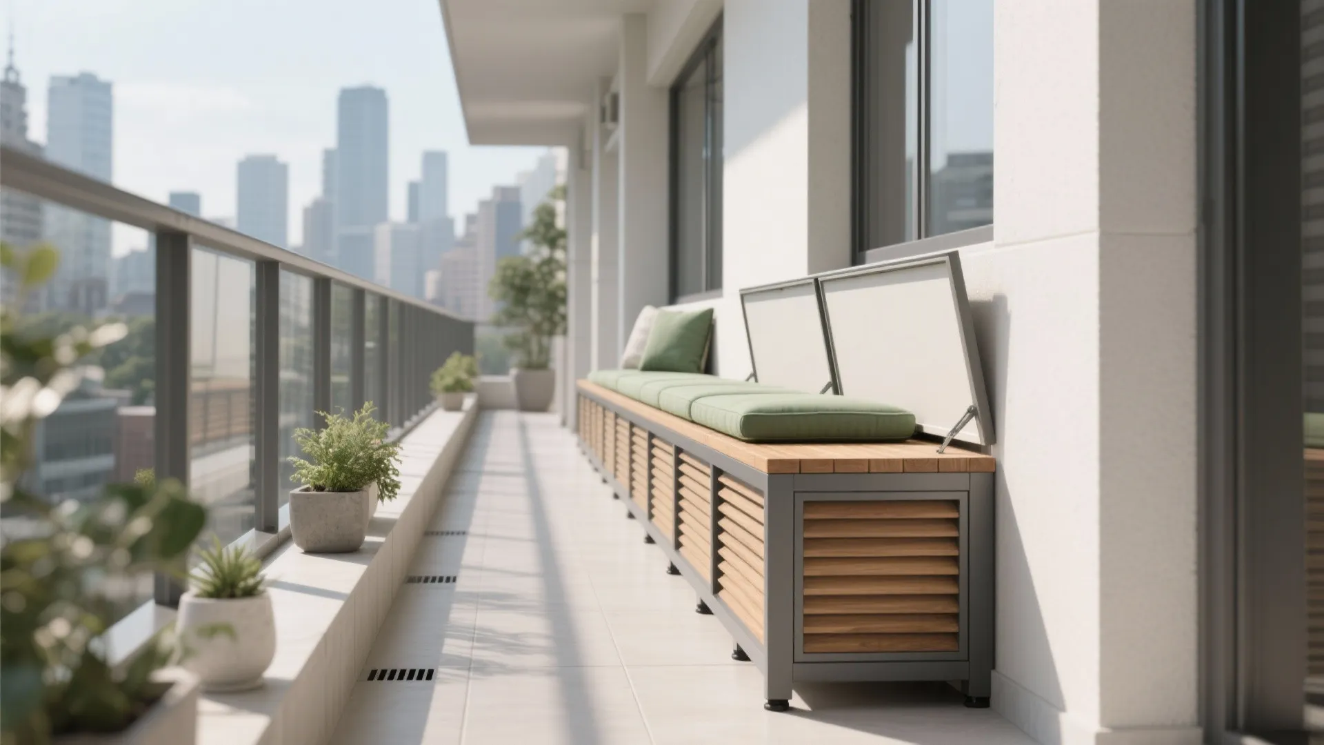 Narrow balcony with long wooden storage bench green cushions small potted plants and city view