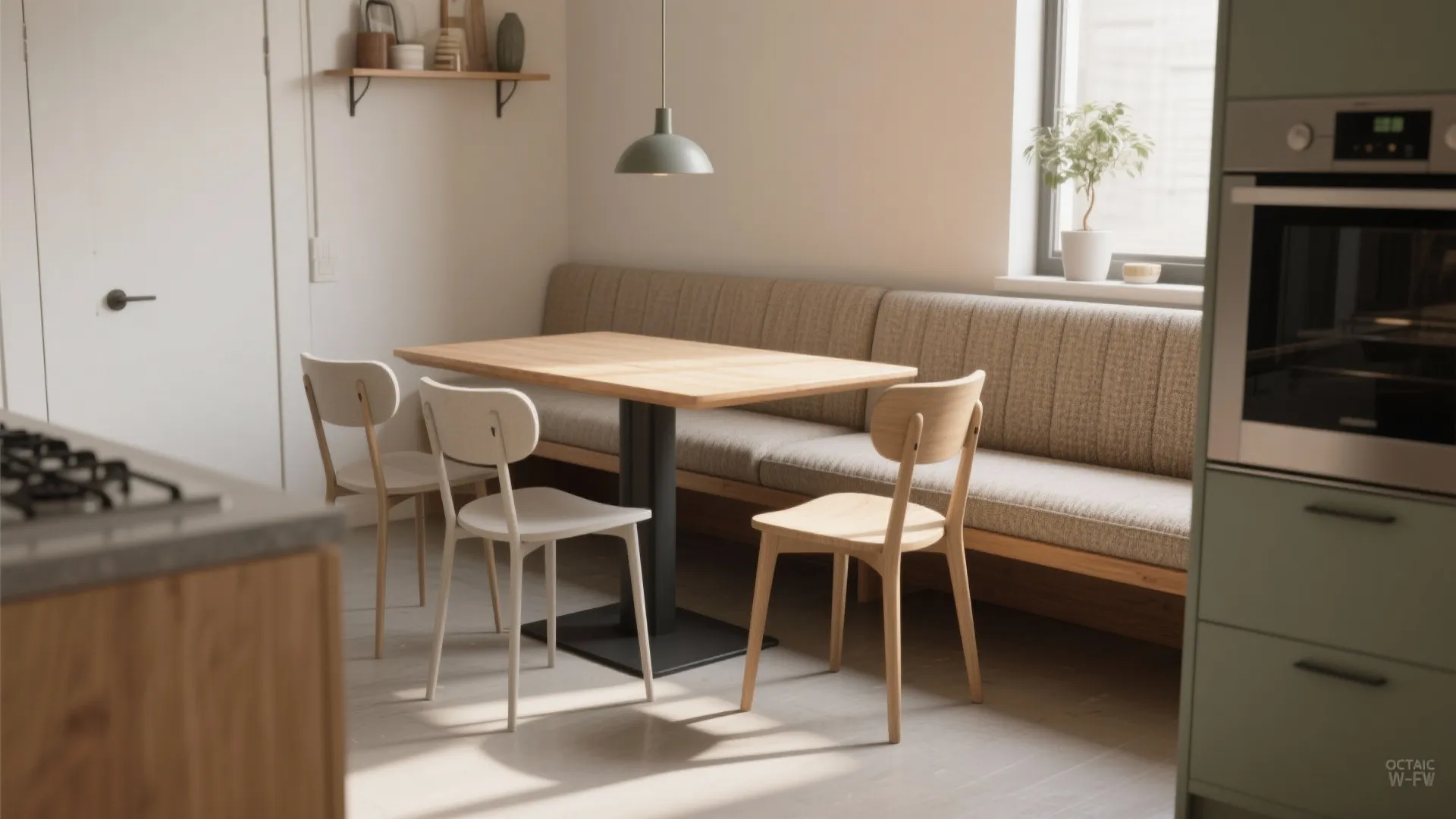 Narrow upholstered bench on one side of a small dining table with lightweight chairs opposite.