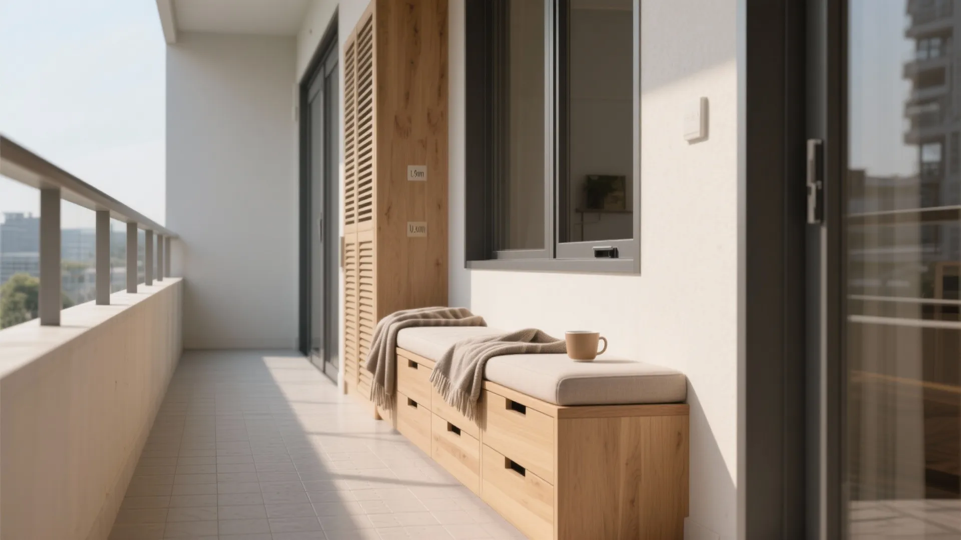 Sunny balcony with a wooden storage bench featuring a cushion blanket coffee cup and windows