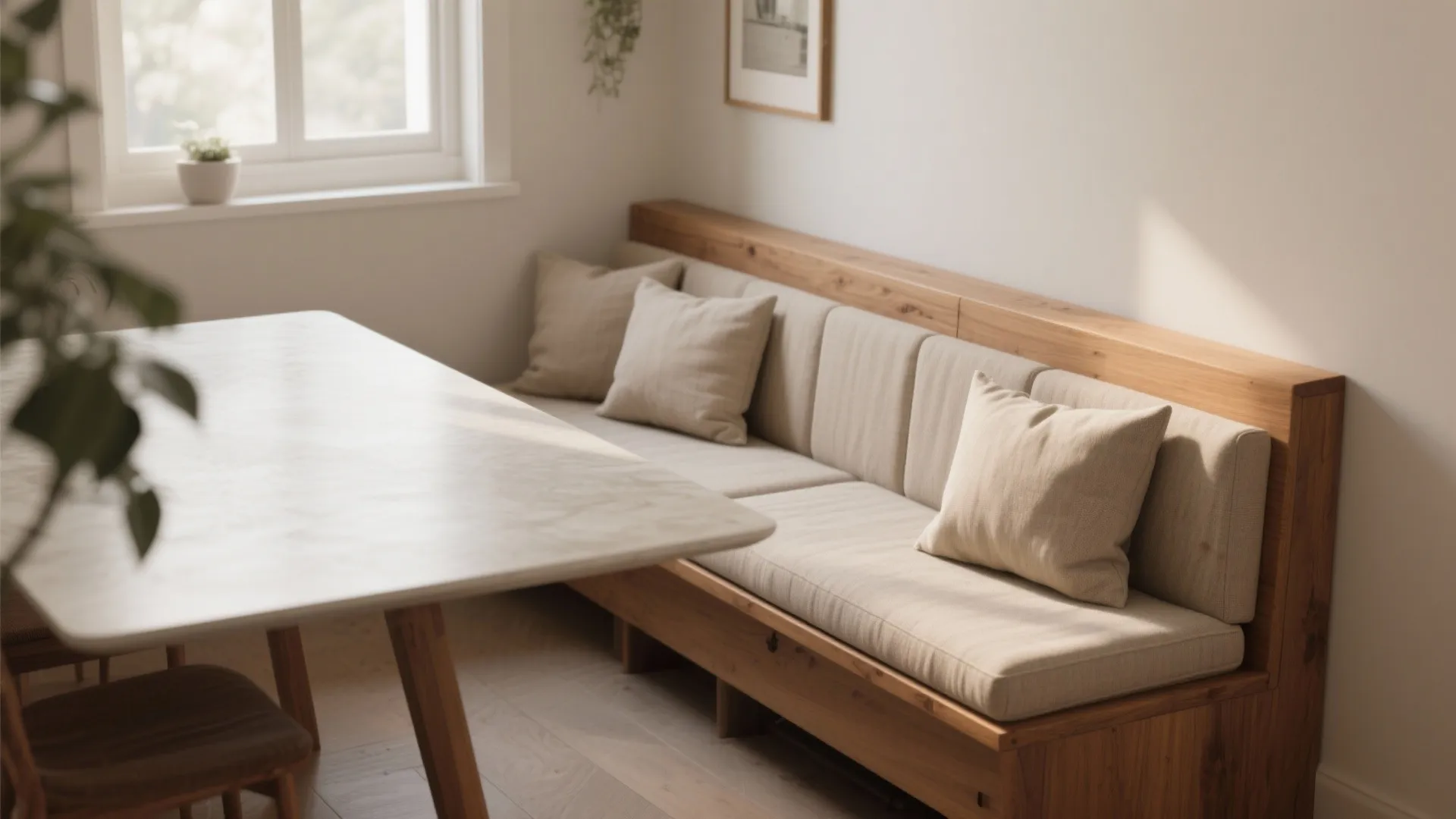 Narrow wooden bench and banquette with cushions slid under a dining table, showing clearances and slim depth.