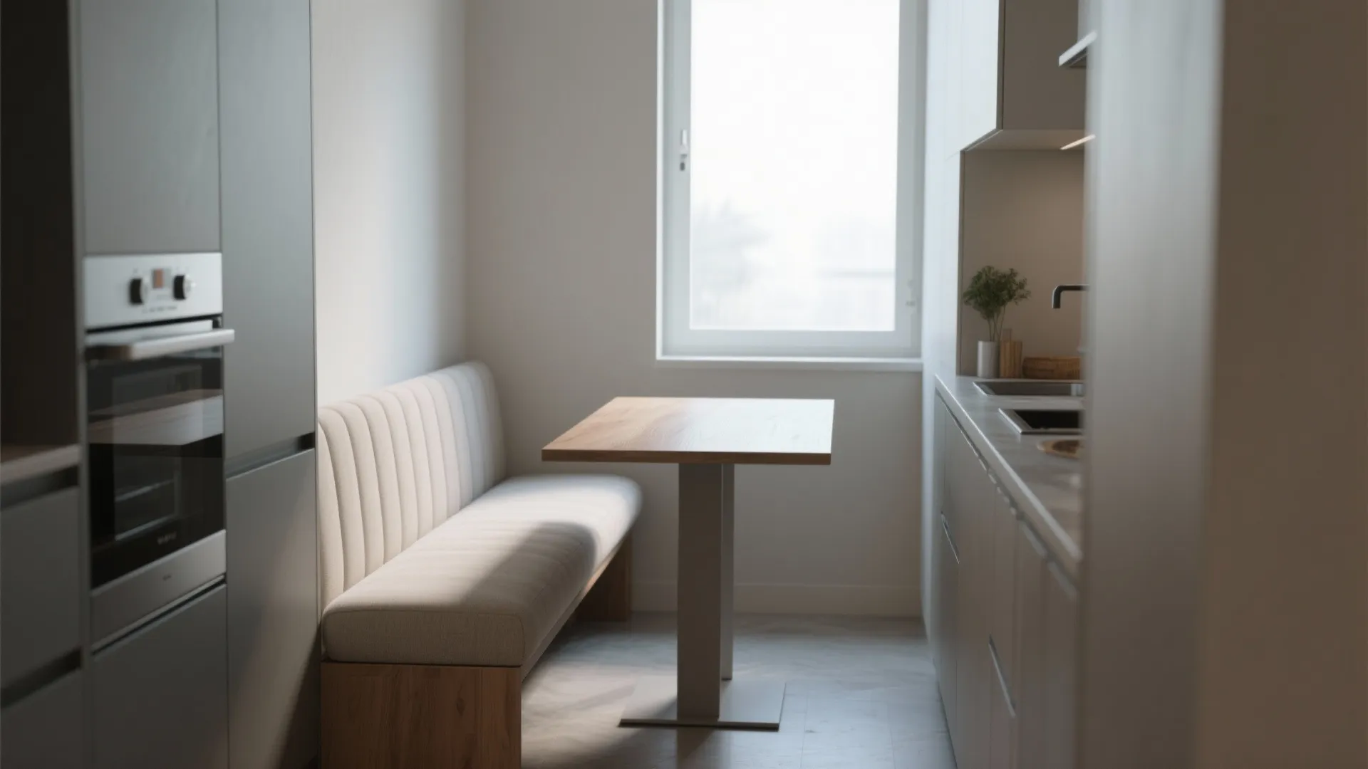 2. Slim bench with a narrow table for tight corridors