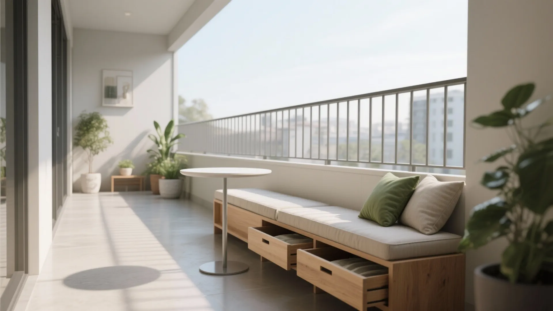 2. Slim bench with a round table