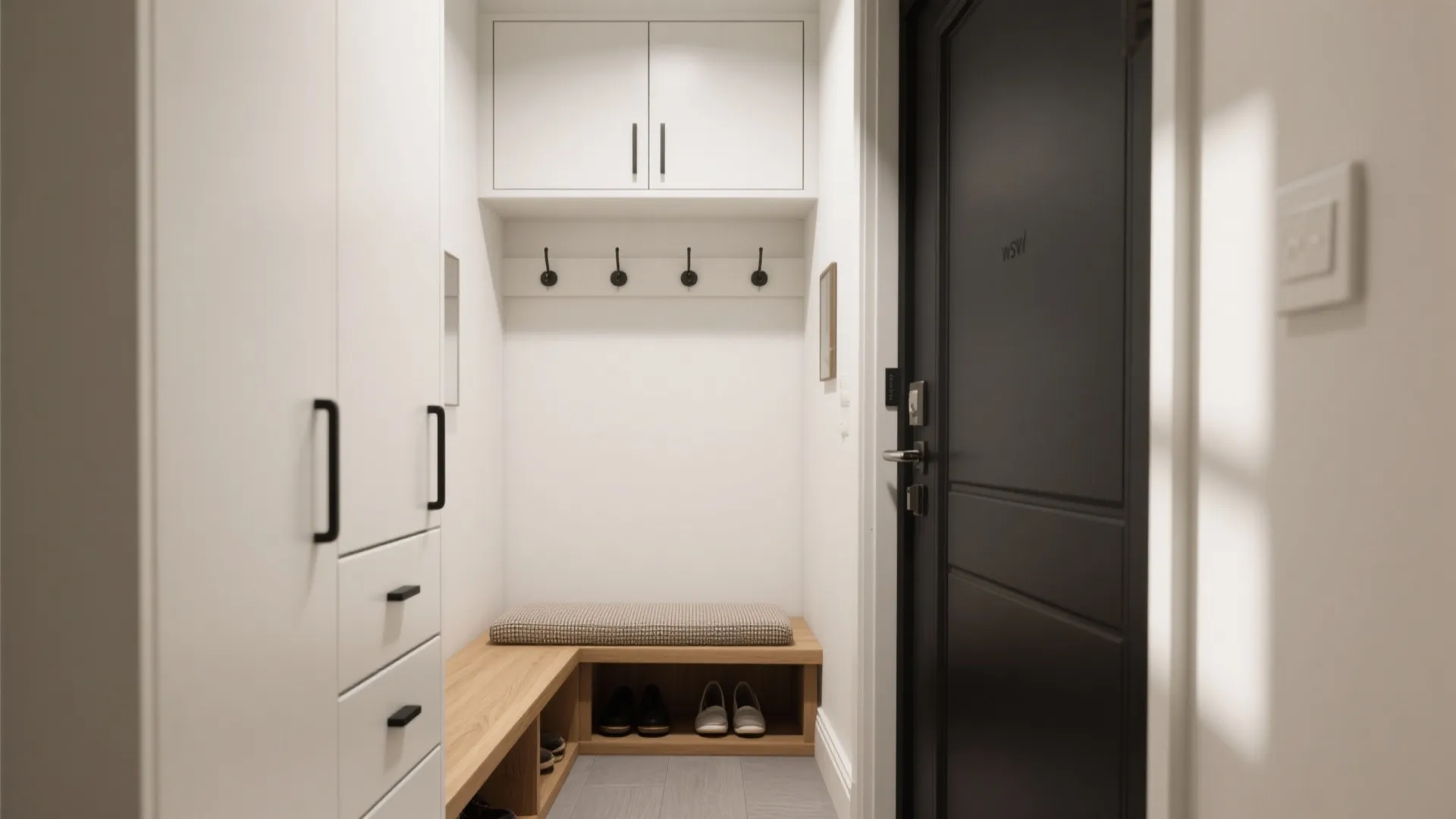 Modern white entryway with wooden shoe bench wall hooks top cabinets and black front door