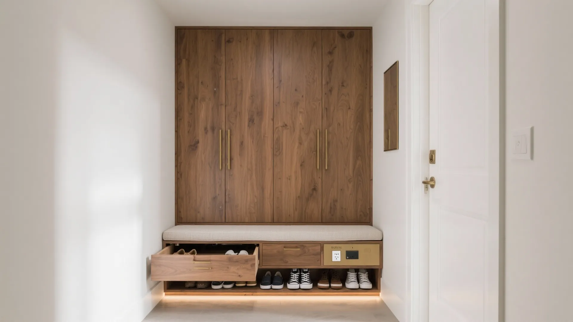 Built-in Slim Cabinet With a Bench and Hidden Shoe Storage