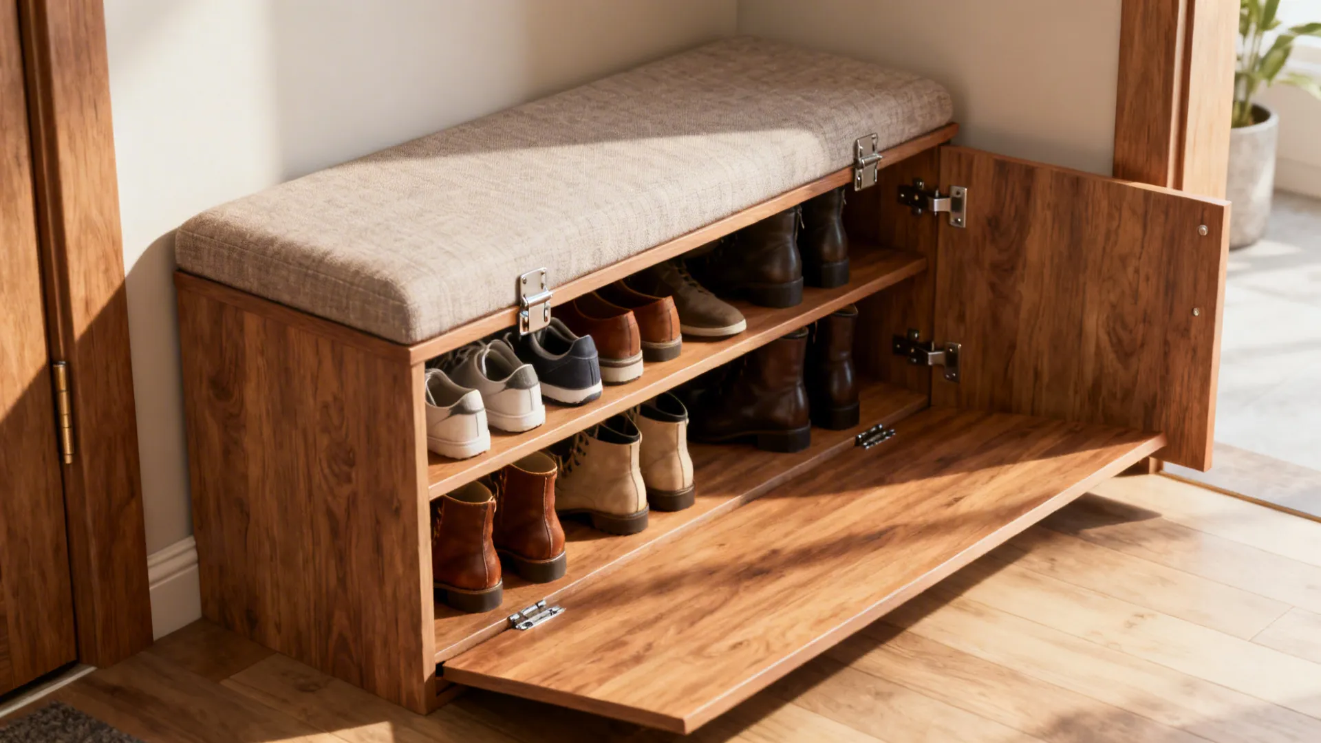 Close-up of an open slim bench revealing adjustable shelves holding shoes in a small entryway.