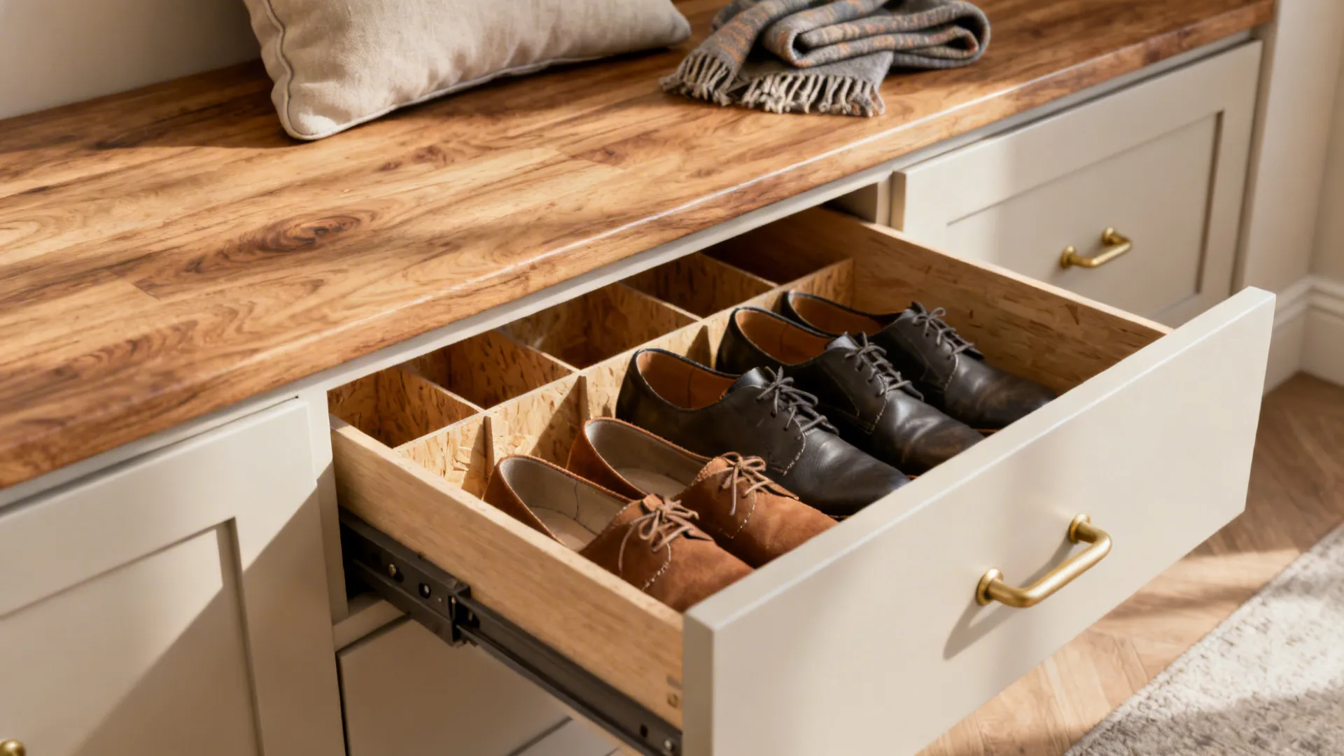 Close-up of a slim bench with a pull-out shoe drawer and oak finish