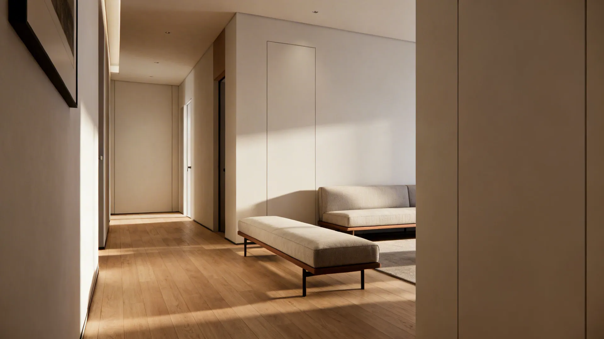 Slim bench-style ottoman against a wall creating clear circulation in a narrow living area.