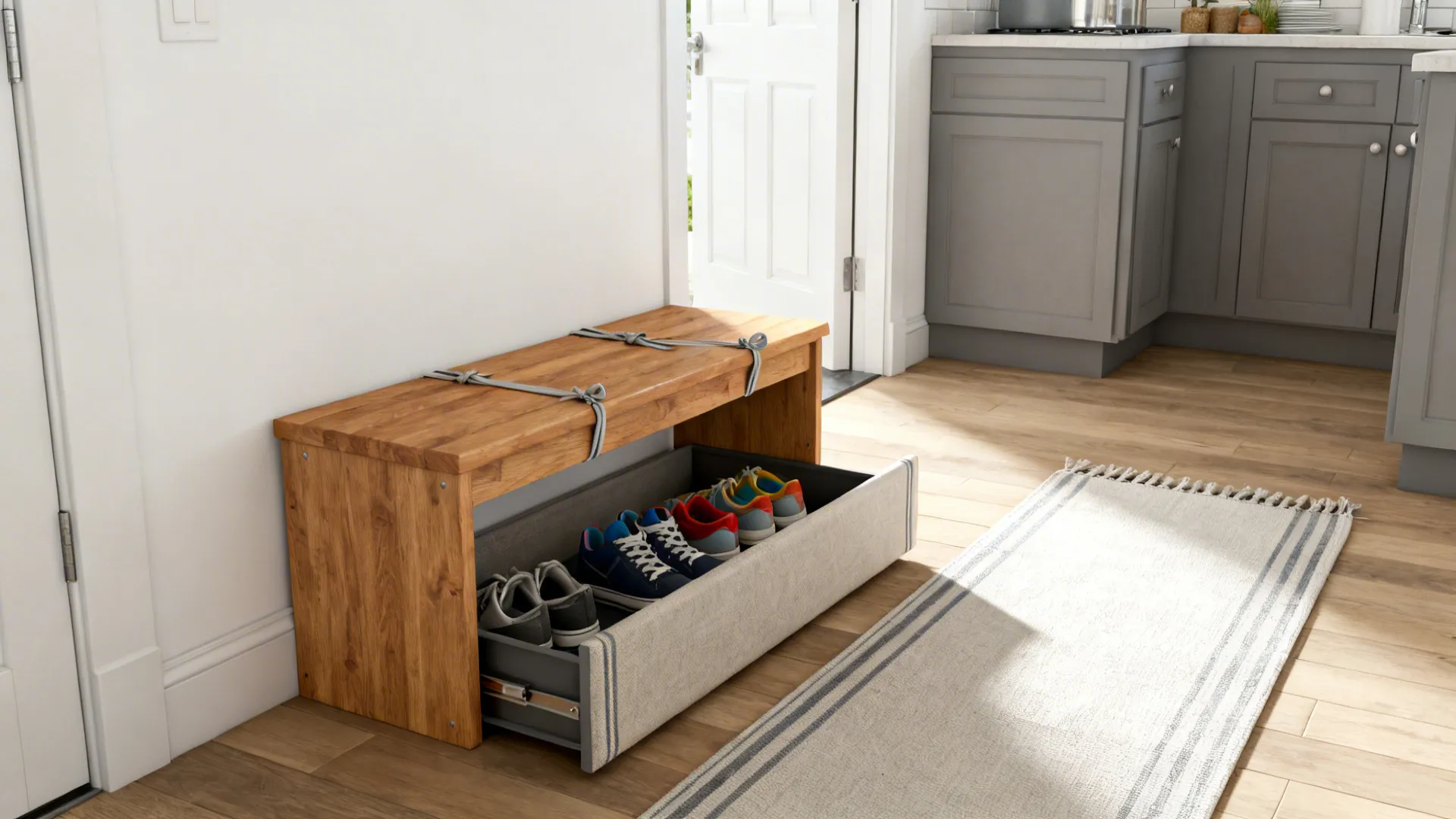 Kitchen entry with slim bench and hidden pull-out shoe tray keeping clutter controlled.