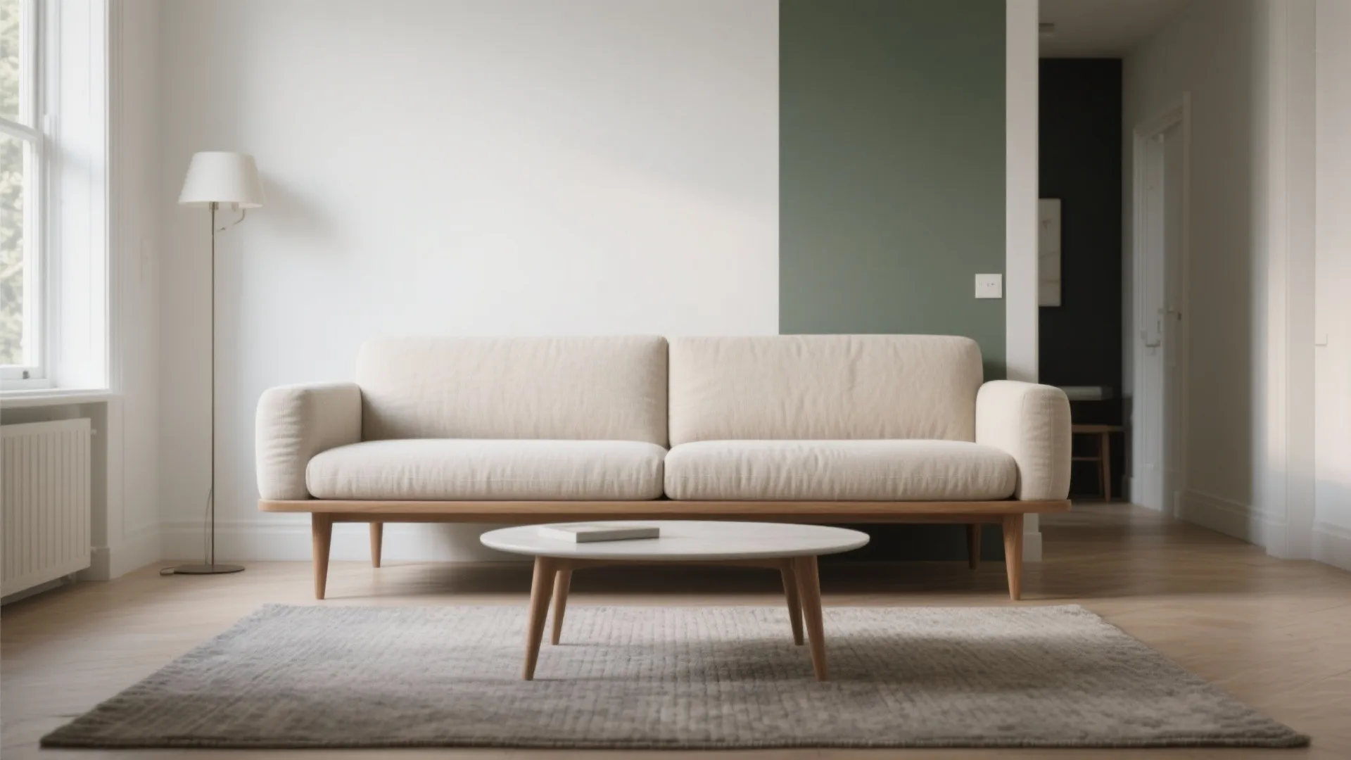 1) Slim-arm, bench-seat, raised-leg “apartment” sofa