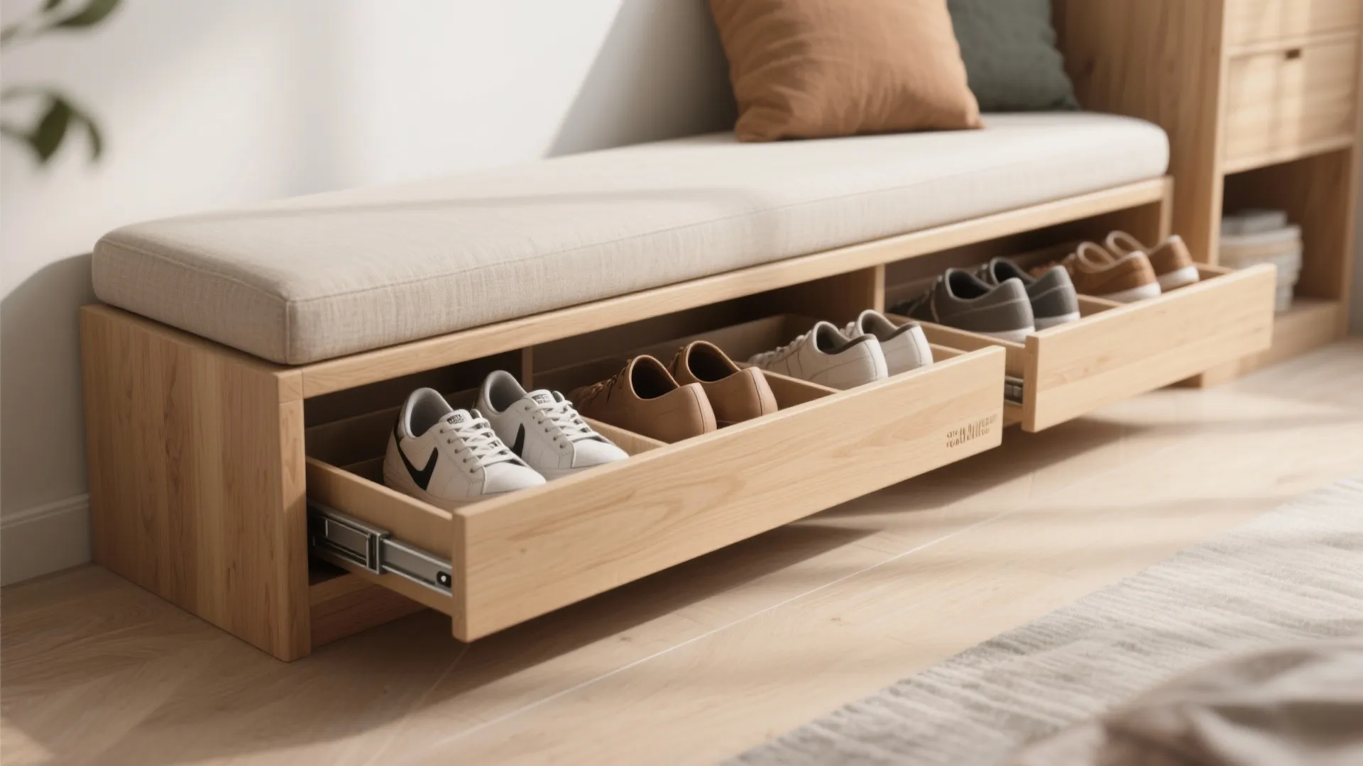 Slim wooden bench with pull-out shoe trays and cushioned seat in a narrow entry.