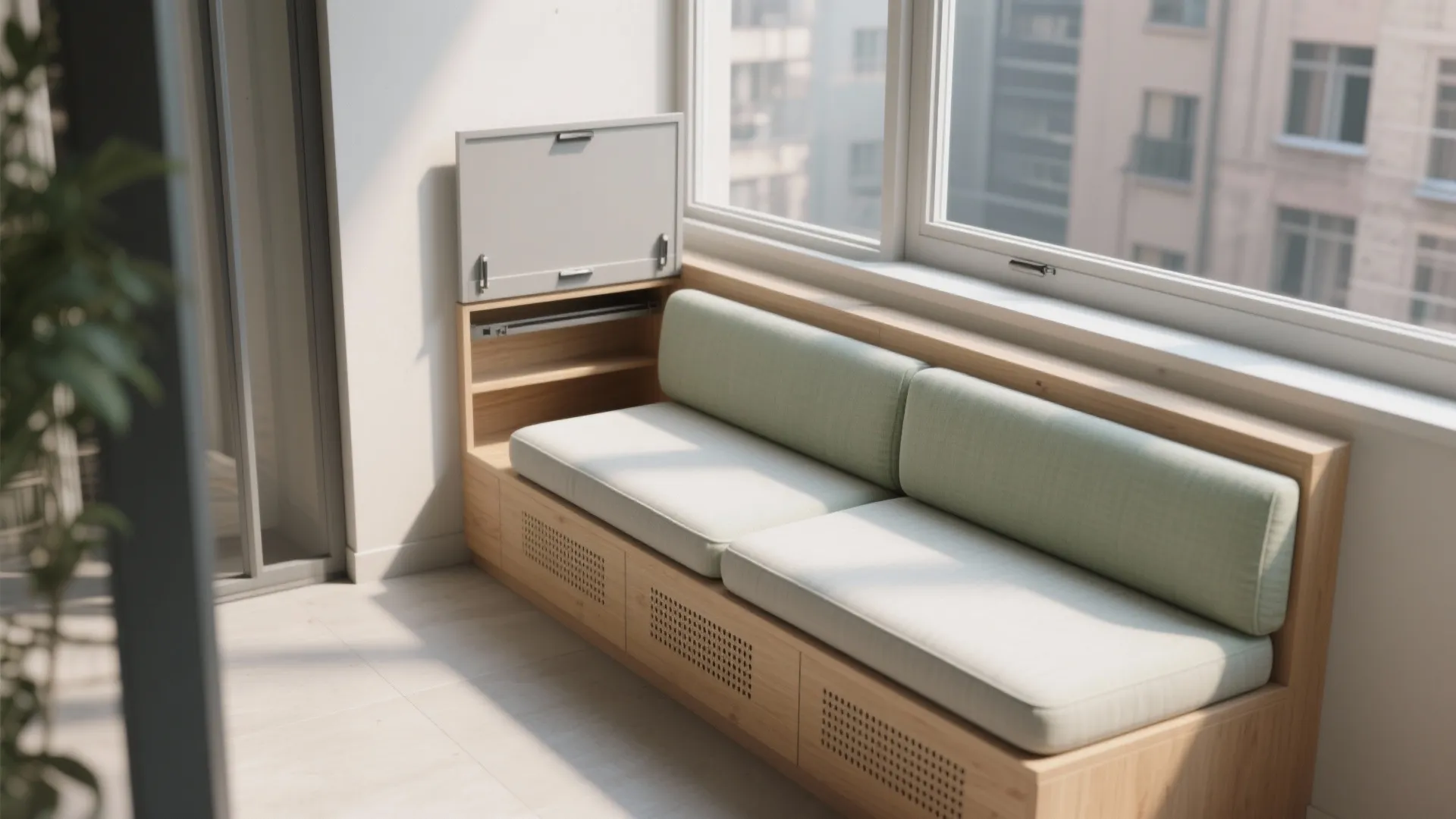 Light wooden storage bench with green seat cushions positioned next to a large glass window
