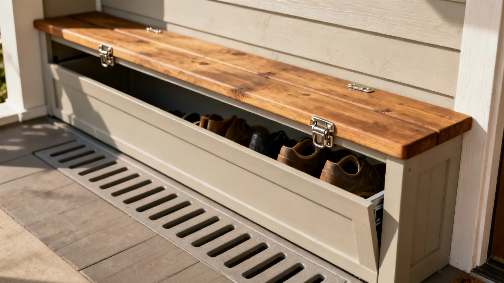 Slim built-in bench with hidden storage and slatted base for drainage on a small porch.