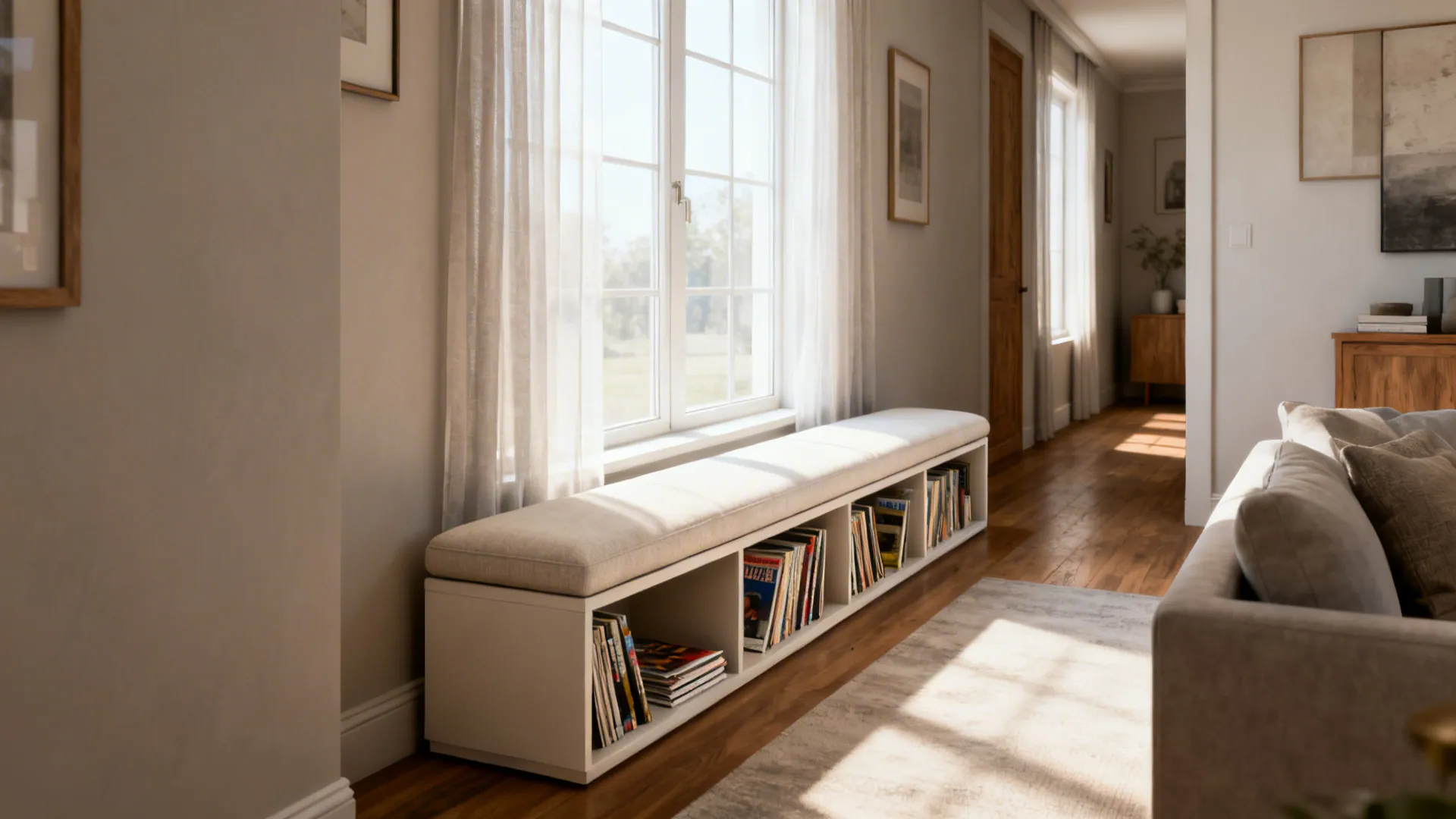 Slim ottoman bench under a window with storage for magazines, elongating a narrow living room.