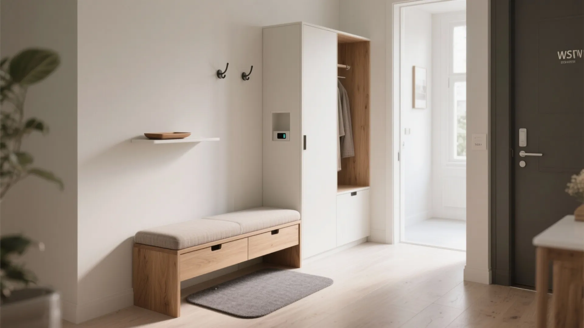 Slim bench with drawer, shallow shelf, two hooks, and a tiny charging nook in a compact foyer.