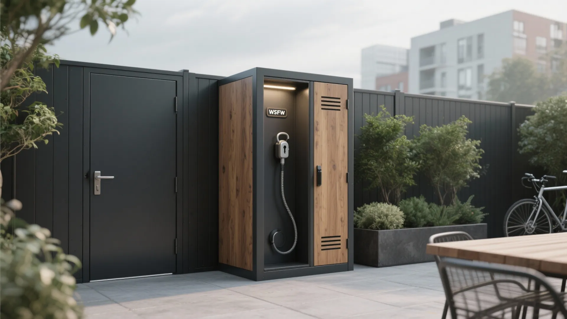 Modern outdoor black and wood storage cabinet for bicycles standing next to a black door