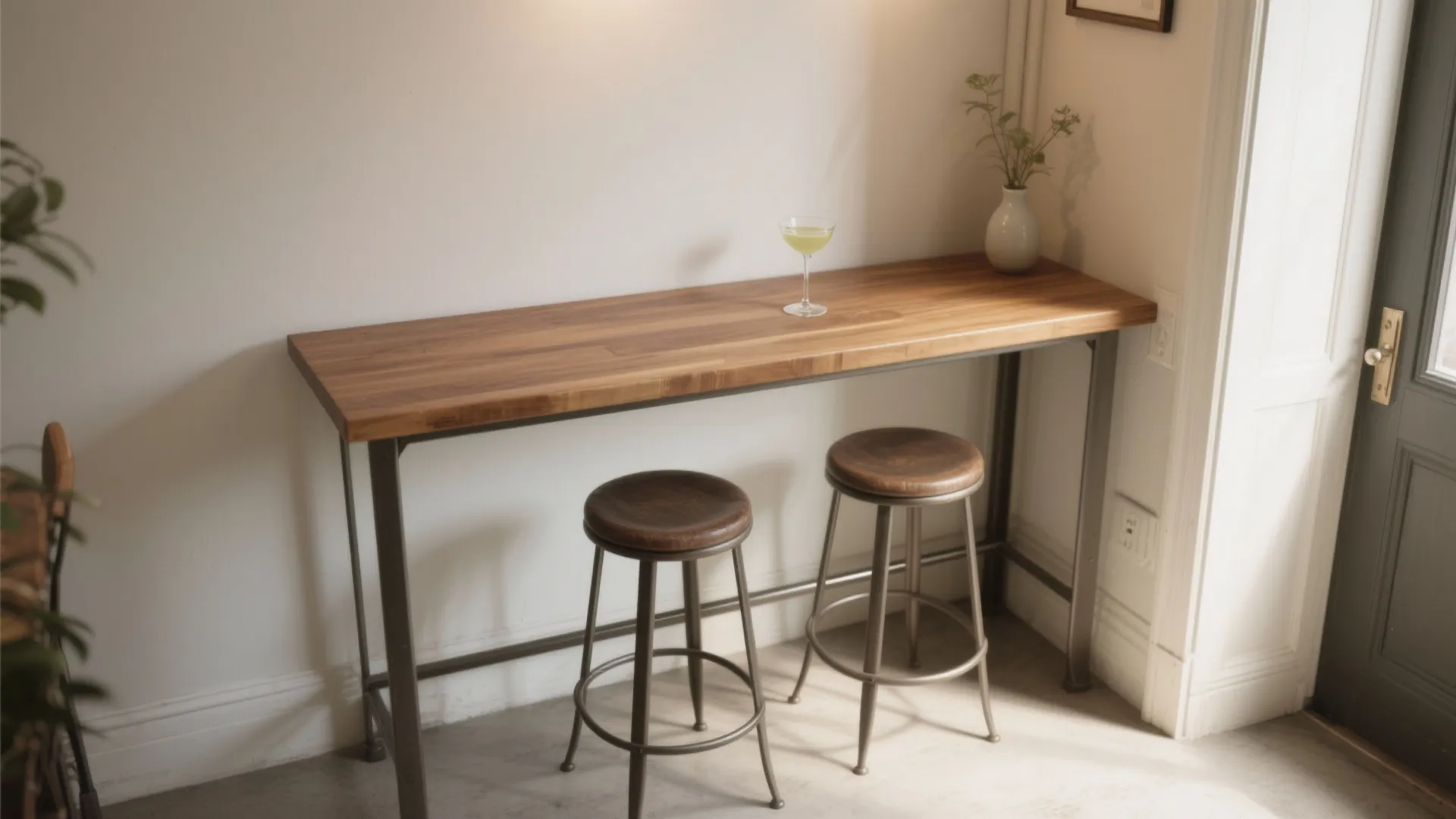 Narrow wooden bar table against white wall with two metal stools and a green drink