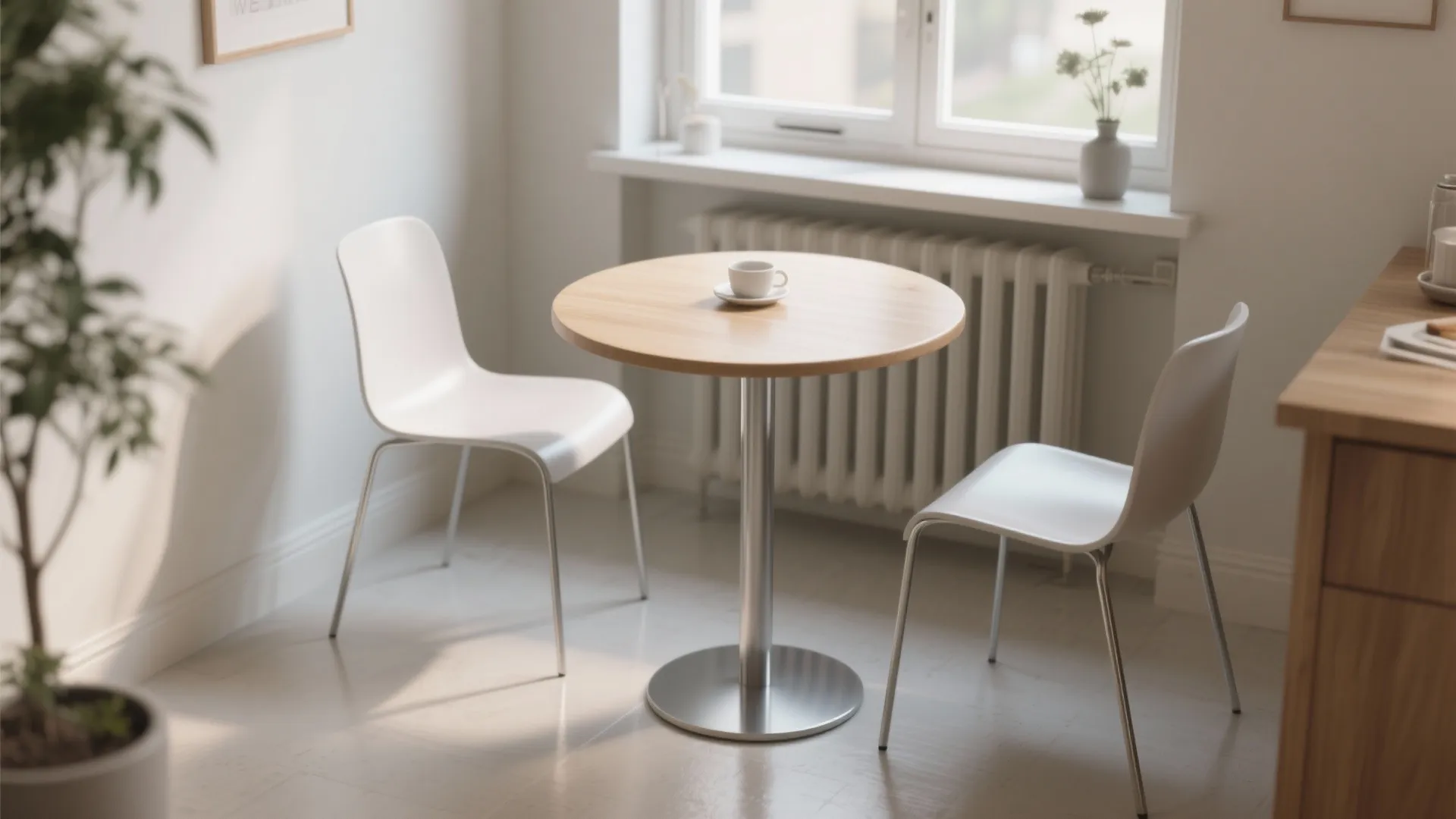 Small round wooden table with two white chairs set in a bright sunlit dining corner
