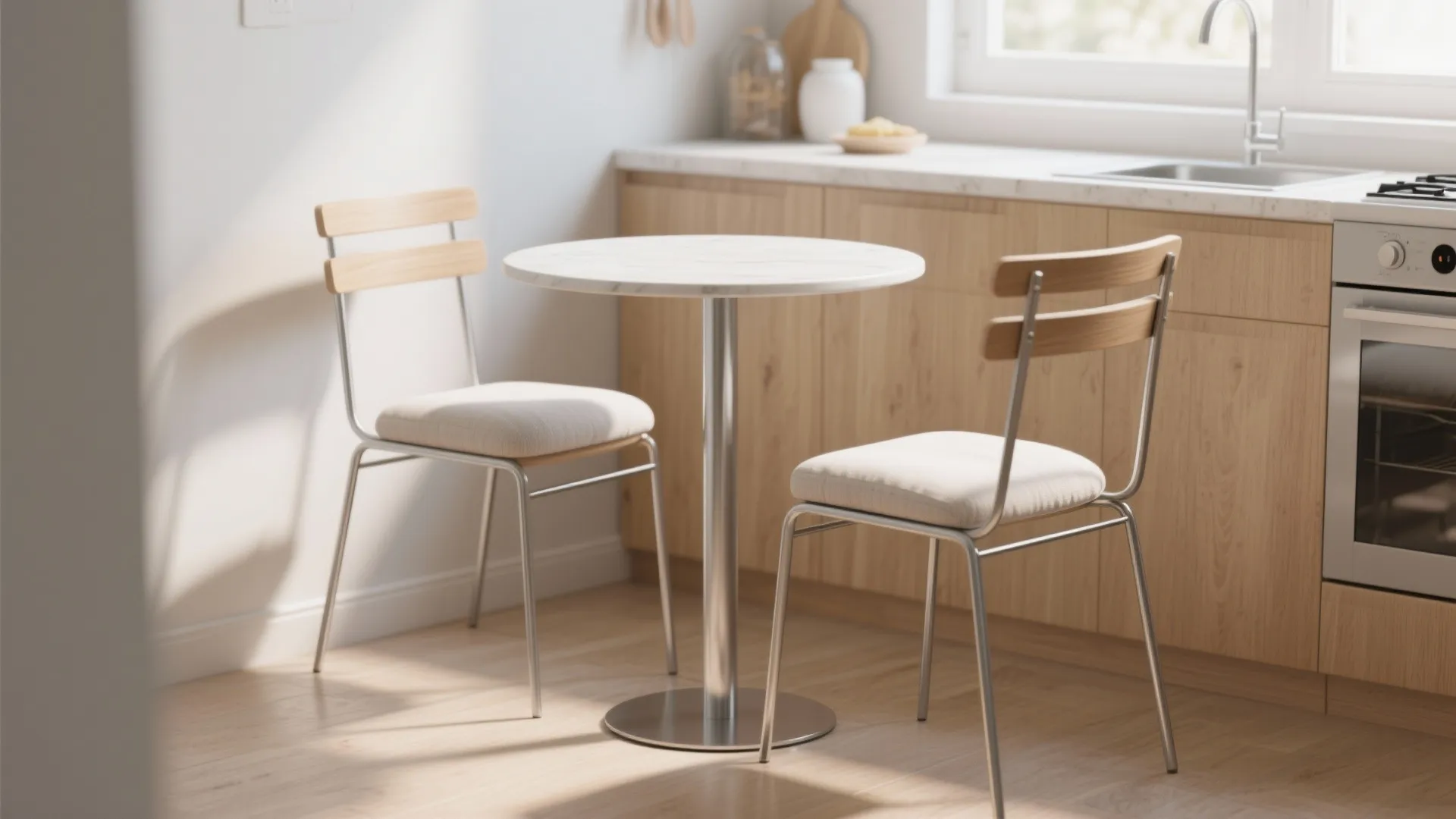 Narrow round bistro table with two slim metal-framed chairs in a compact kitchen