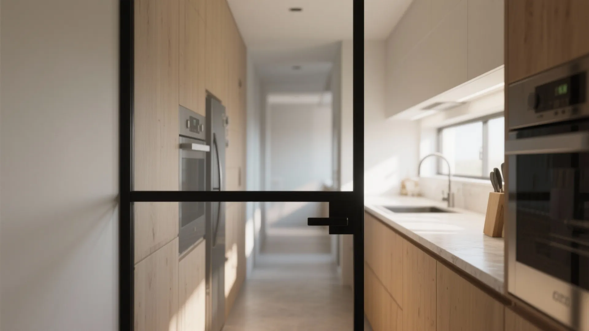 Modern narrow kitchen seen through black framed glass door with wooden cabinets and white countertop
