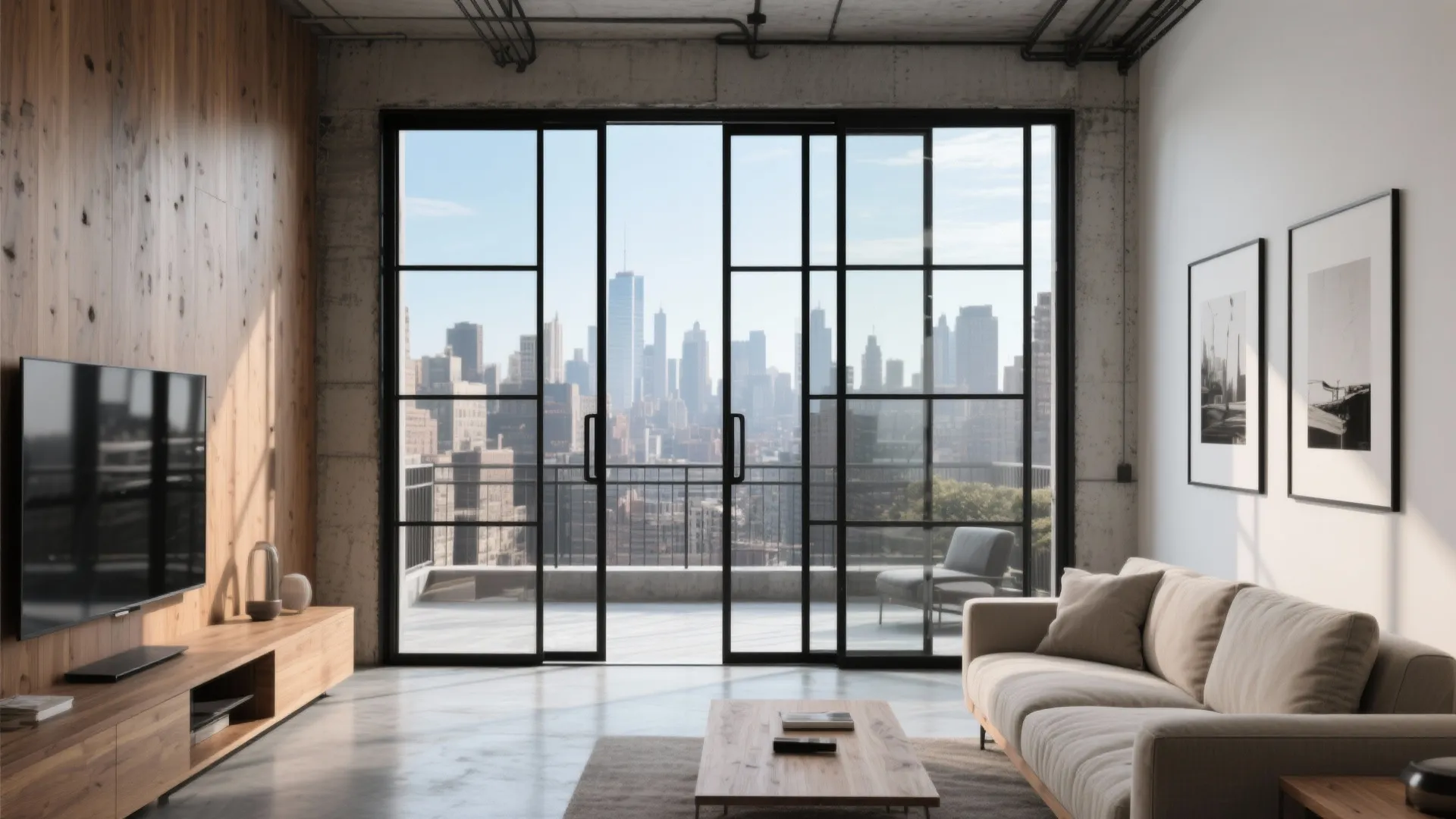 Industrial living room with concrete walls wooden panel sofa and black grid glass doors view