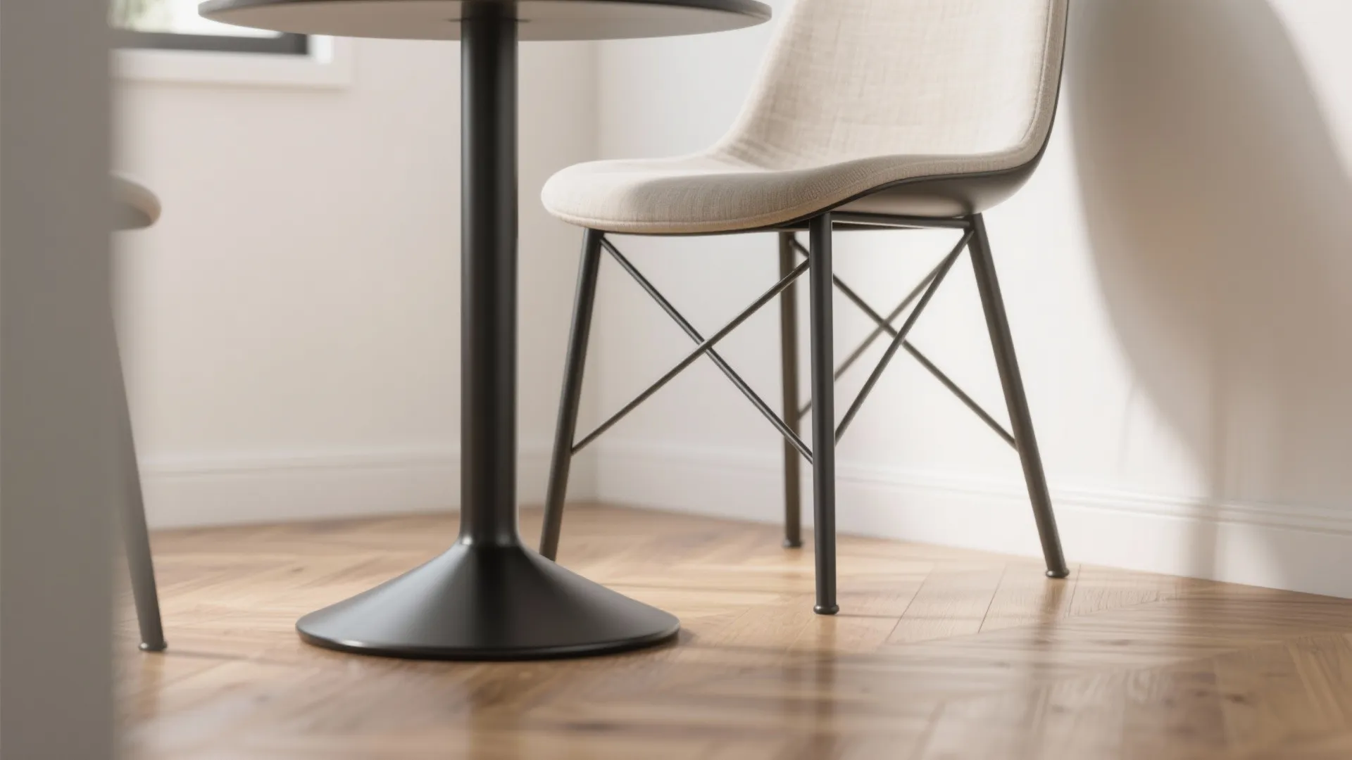 Modern chair with slim black metal legs and beige fabric seat next to a table