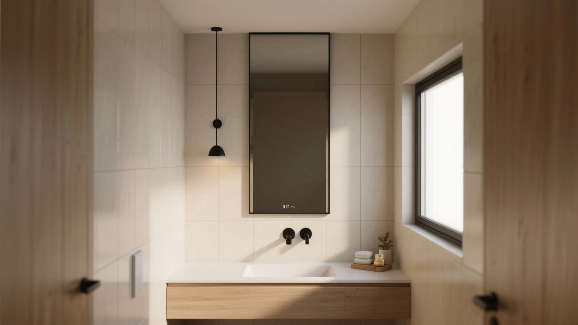 Modern bathroom with a long black mirror wooden cabinet white sink and a small plant