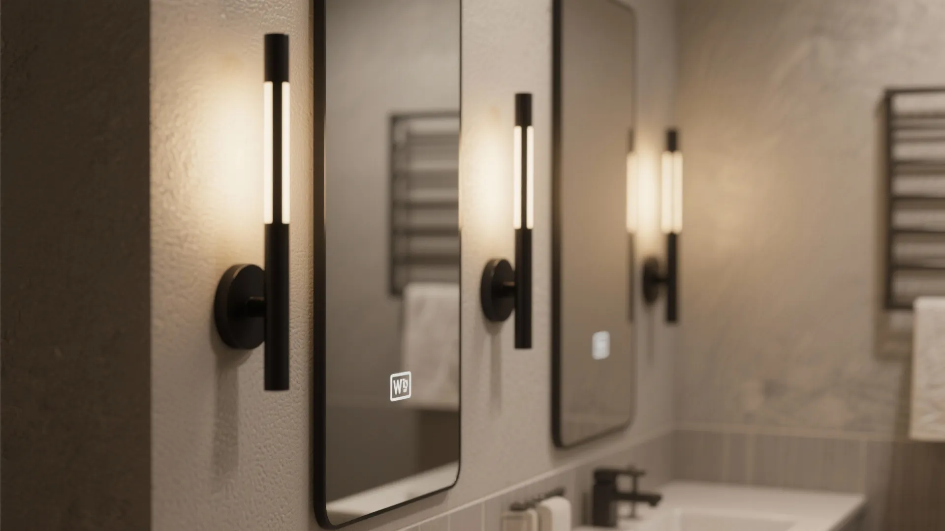 Close up of slim black wall light fixtures next to two modern rectangular bathroom mirrors