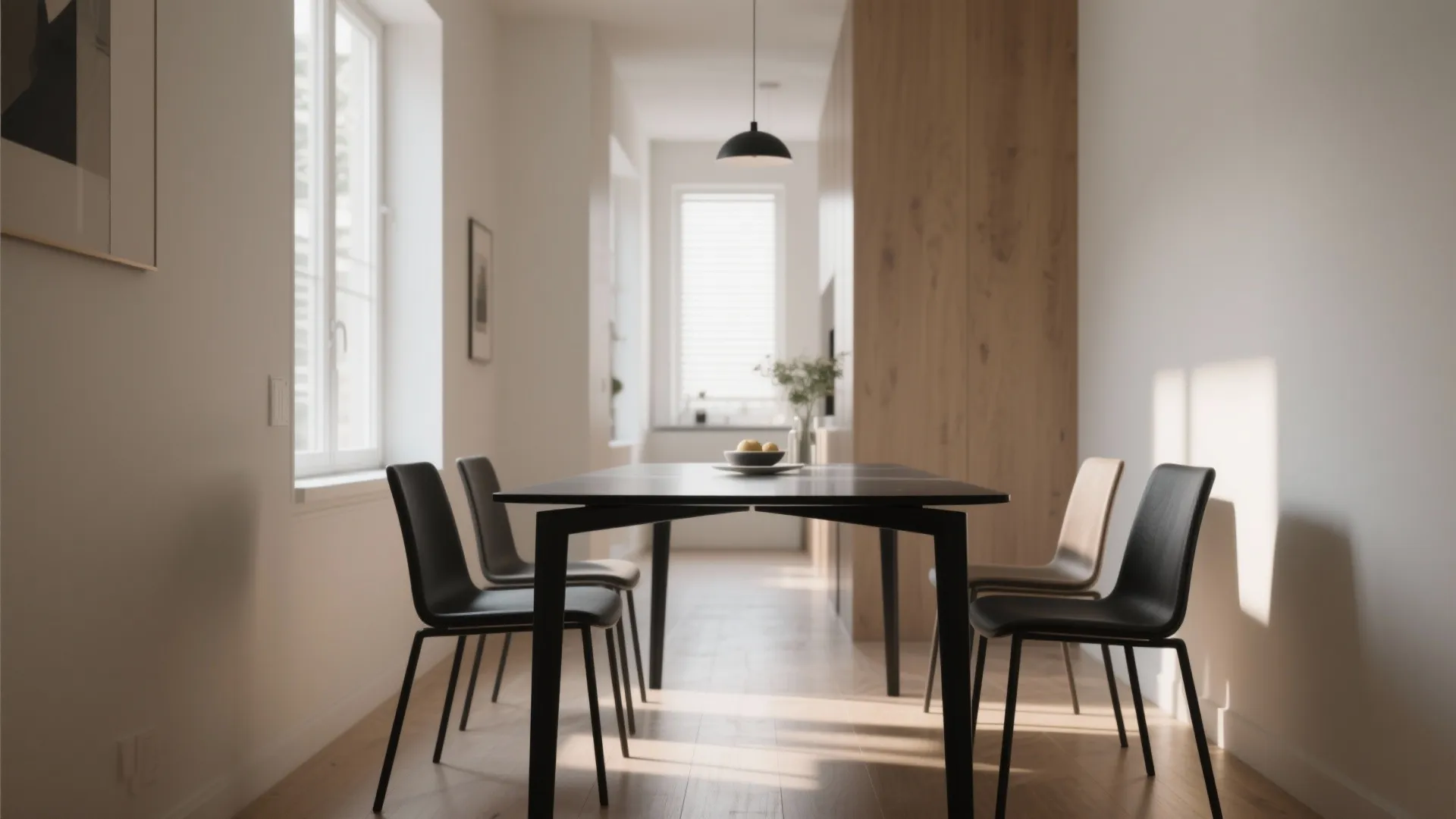Minimalist dining area with black table, matching chairs, wooden wall, white walls, and ceiling light