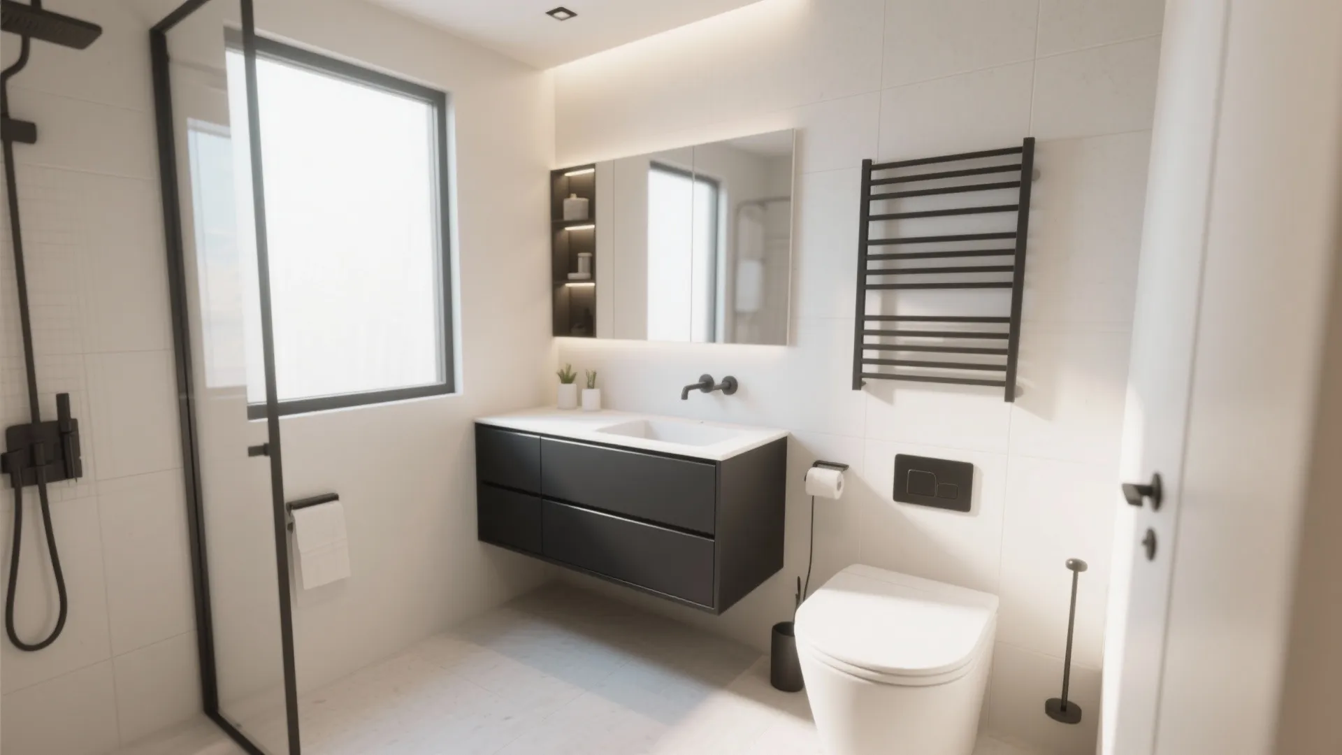 Modern bathroom with white walls featuring black floating cabinet and a large mirror with light