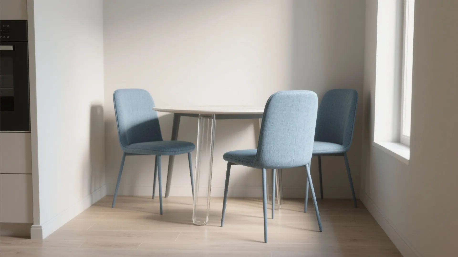 1. Slim-profile blue upholstered chairs for compact dining nooks
