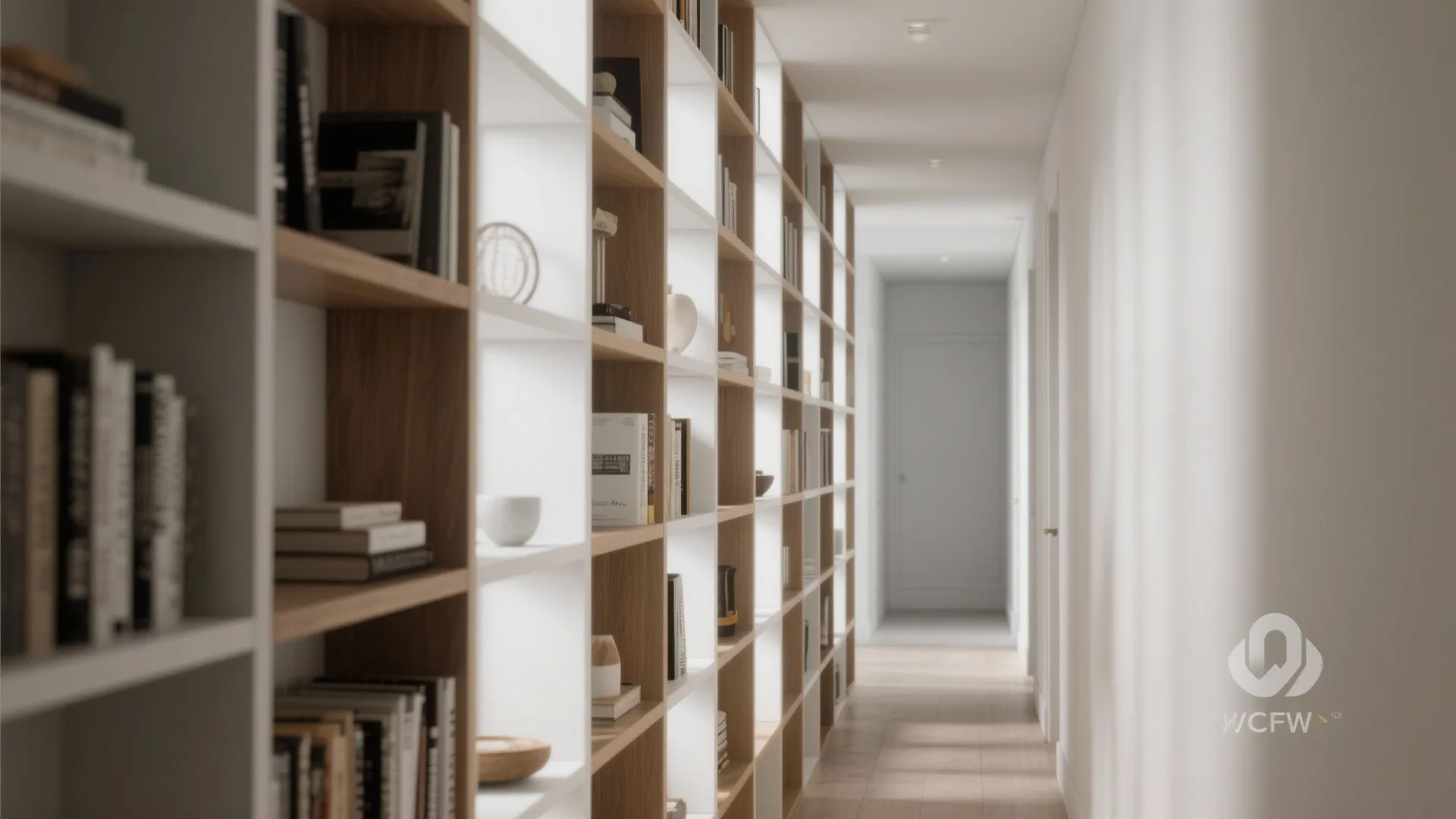 Long white hallway featuring floor to ceiling wooden bookshelves filled with various books and decor