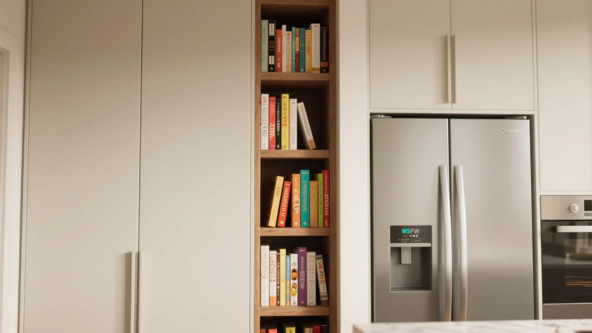 Slim wooden bookshelf built into white kitchen cabinets next to a silver refrigerator and oven