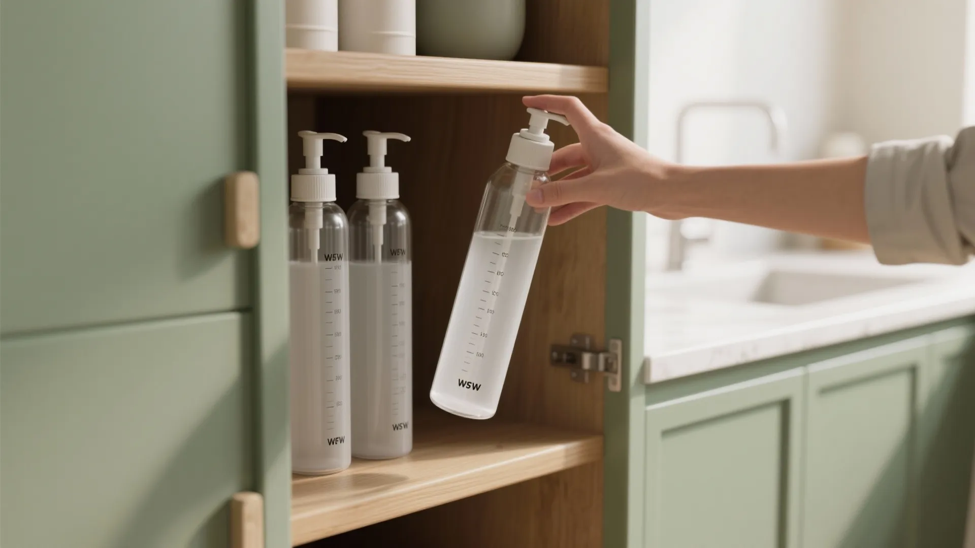Person holding a clear soap bottle from a wooden shelf in a green laundry room
