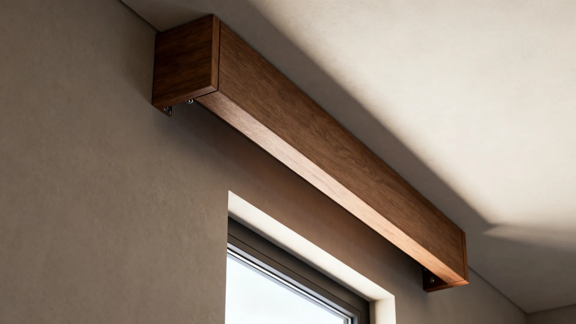 Slim box valance with precise miters and hidden fasteners above a narrow window