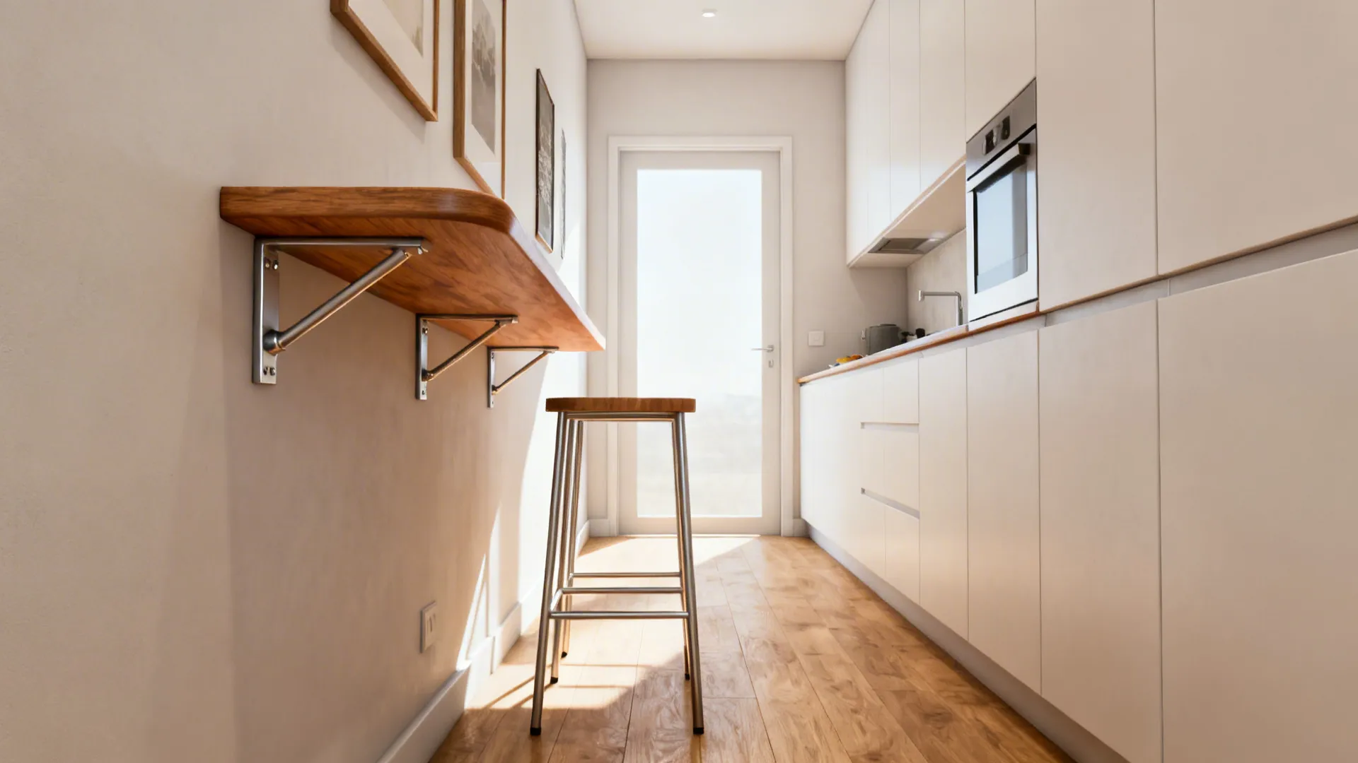 Narrow white kitchen featuring a wall mounted wood table with metal brackets and one stool