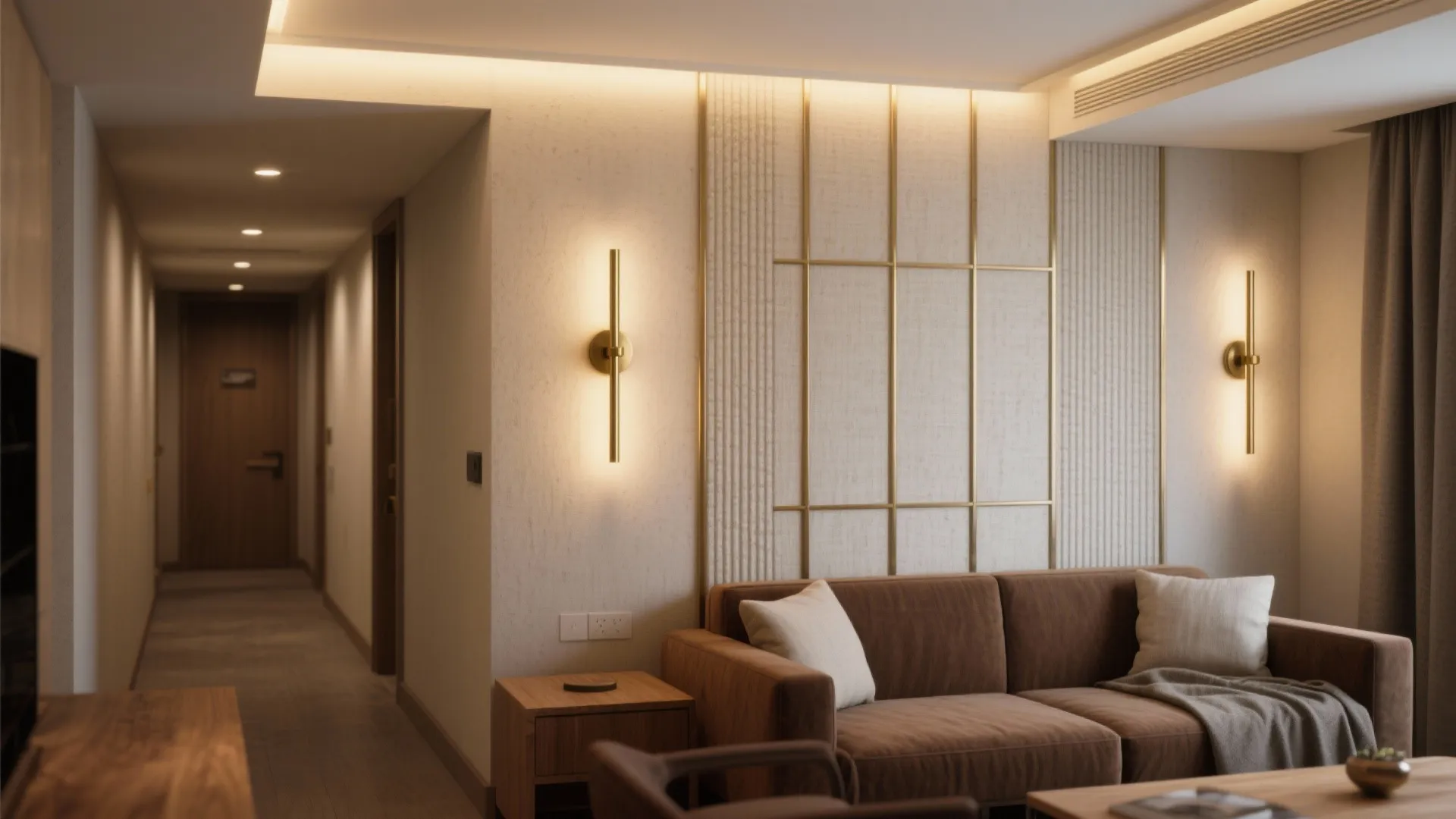 1) Slim brass sconces for layered ambient light