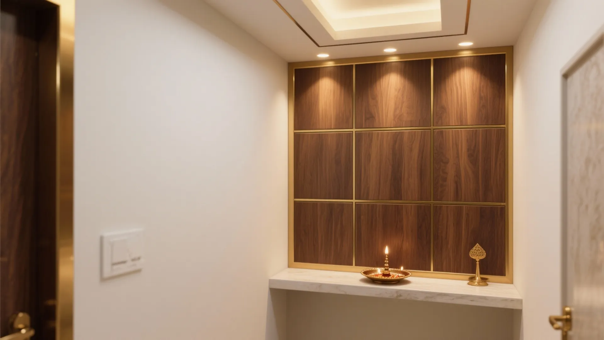 Slim matte brass frame with walnut inlay creating a tidy pooja corner in a small apartment.