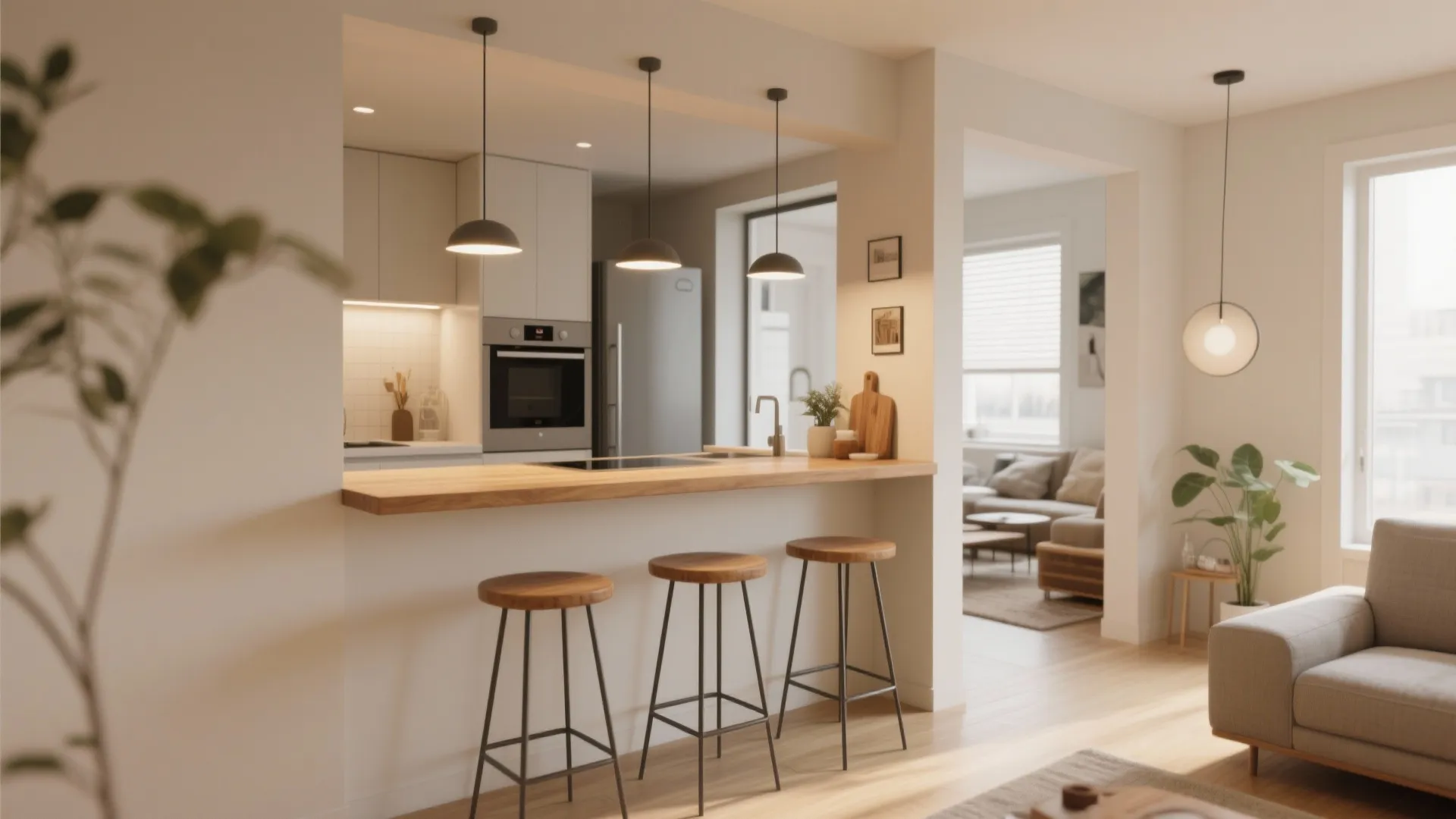 Modern kitchen with wood breakfast bar three tall stools and black ceiling lights over counter