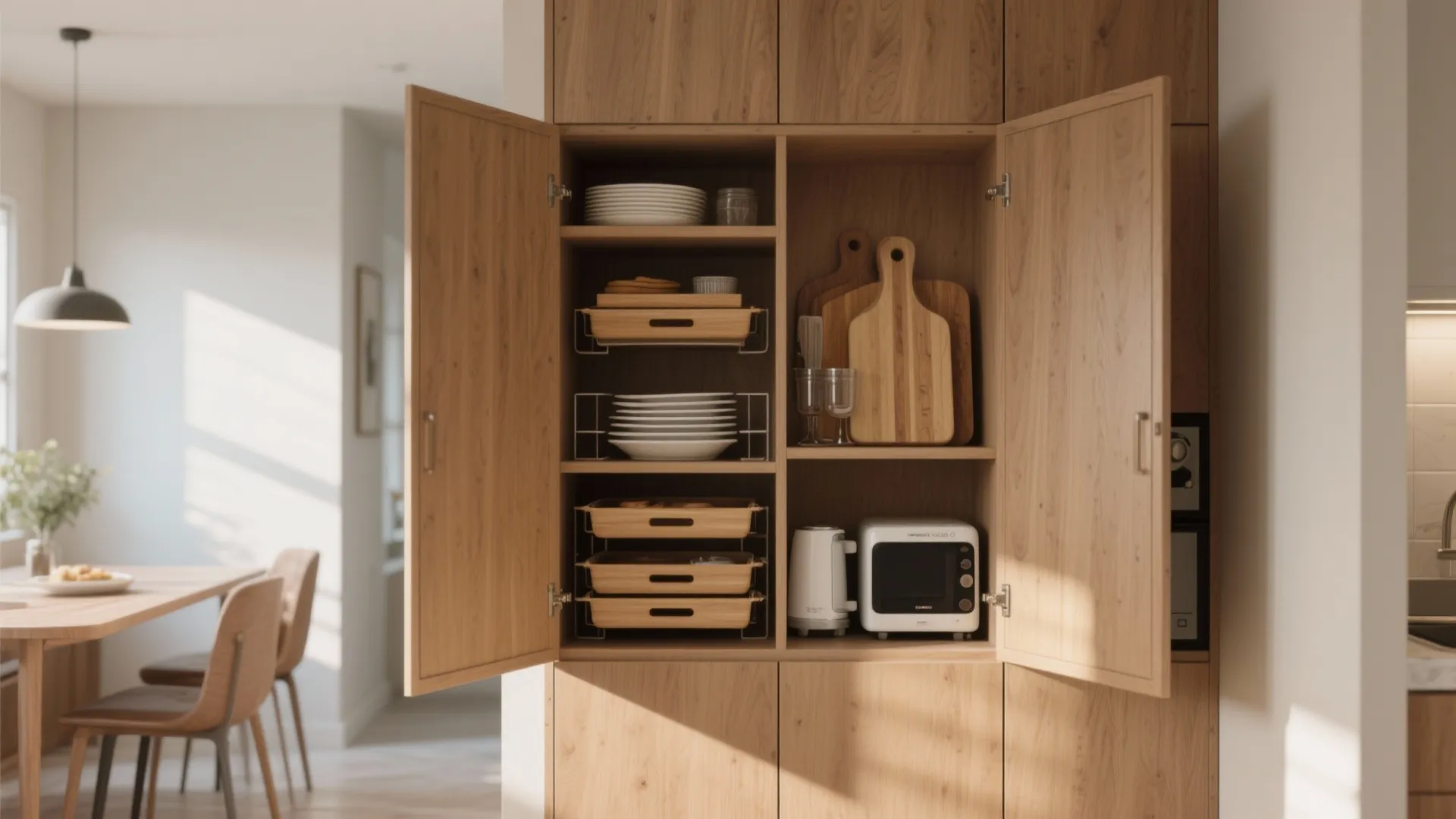 Open wood cabinet filled with kitchen items including white plates wood boards and small oven