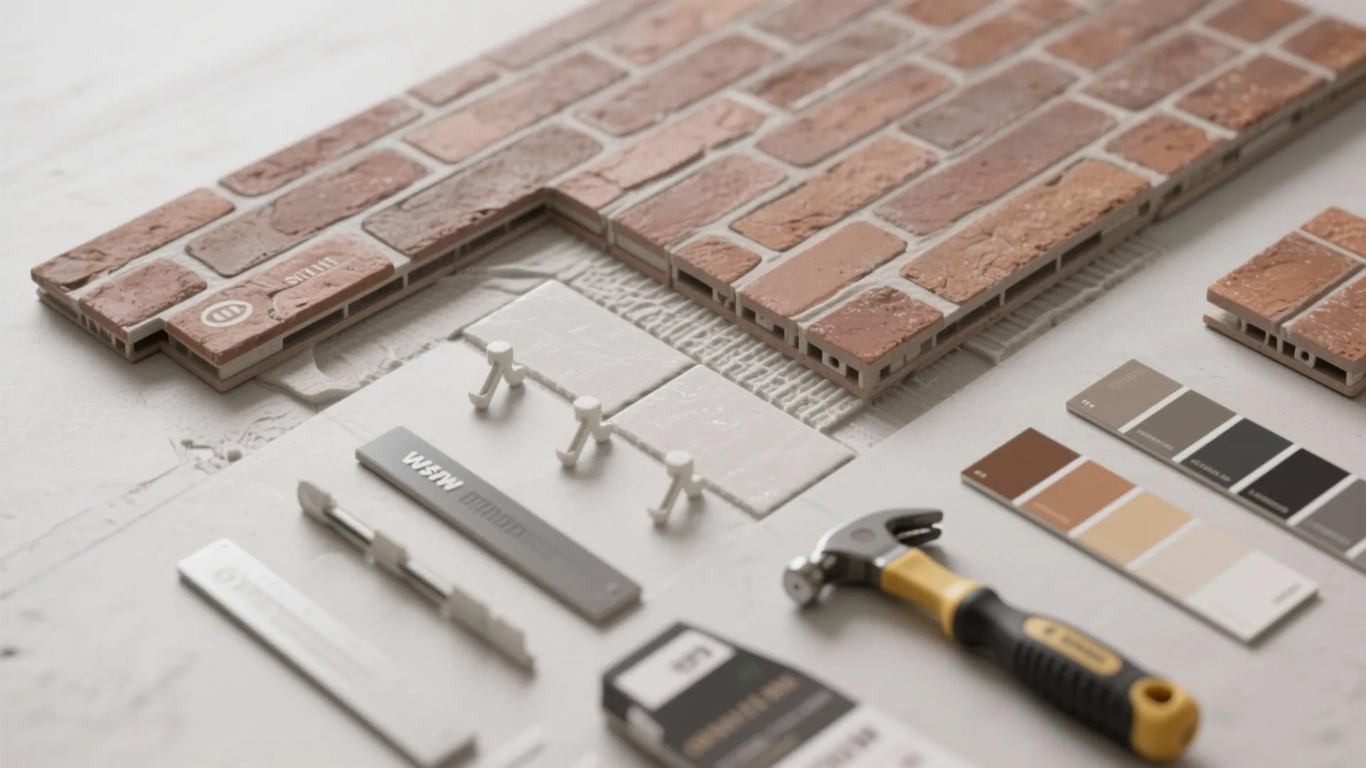 Red brick tiles arranged on white floor with hammer and color palette for home renovation