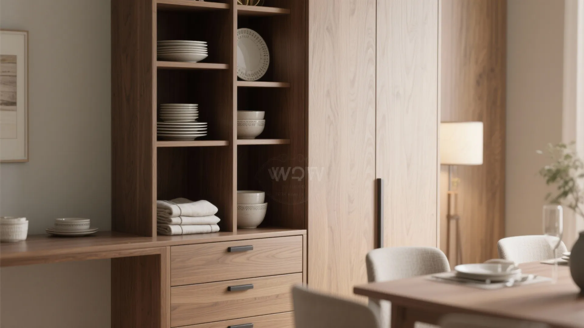 Wooden cabinet with open shelves holding plates and bowls next to a dining room table
