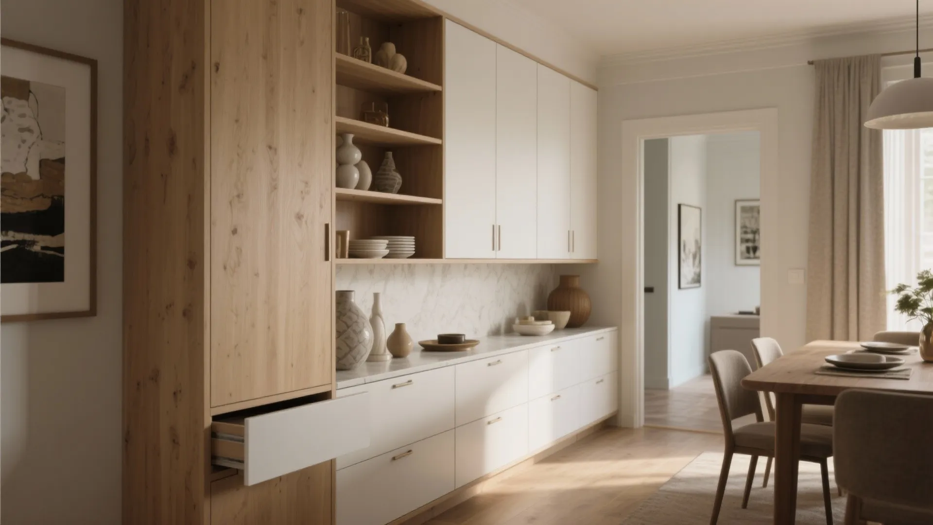 Modern wood and white cabinet unit with open shelves and dining table in bright room