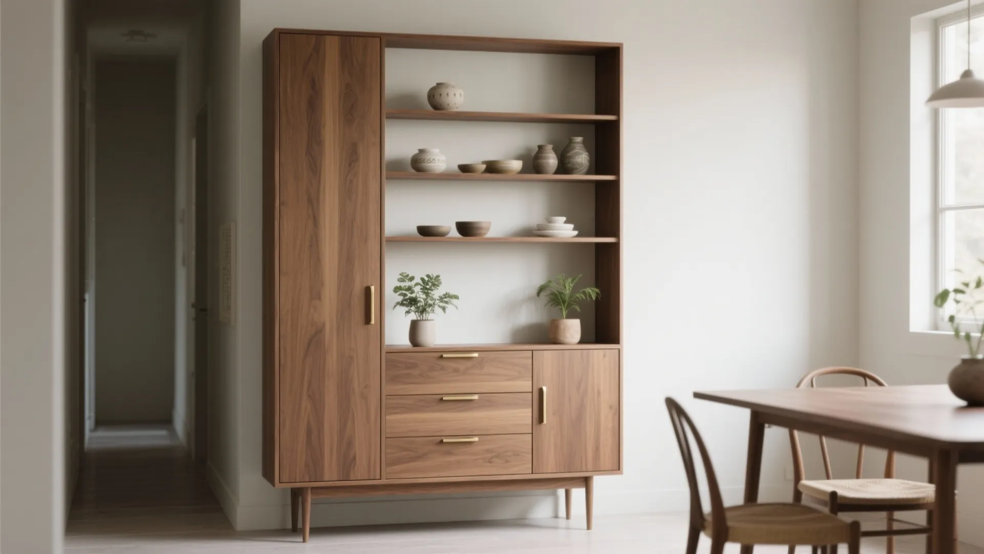 1. Slim vertical buffet with open shelving