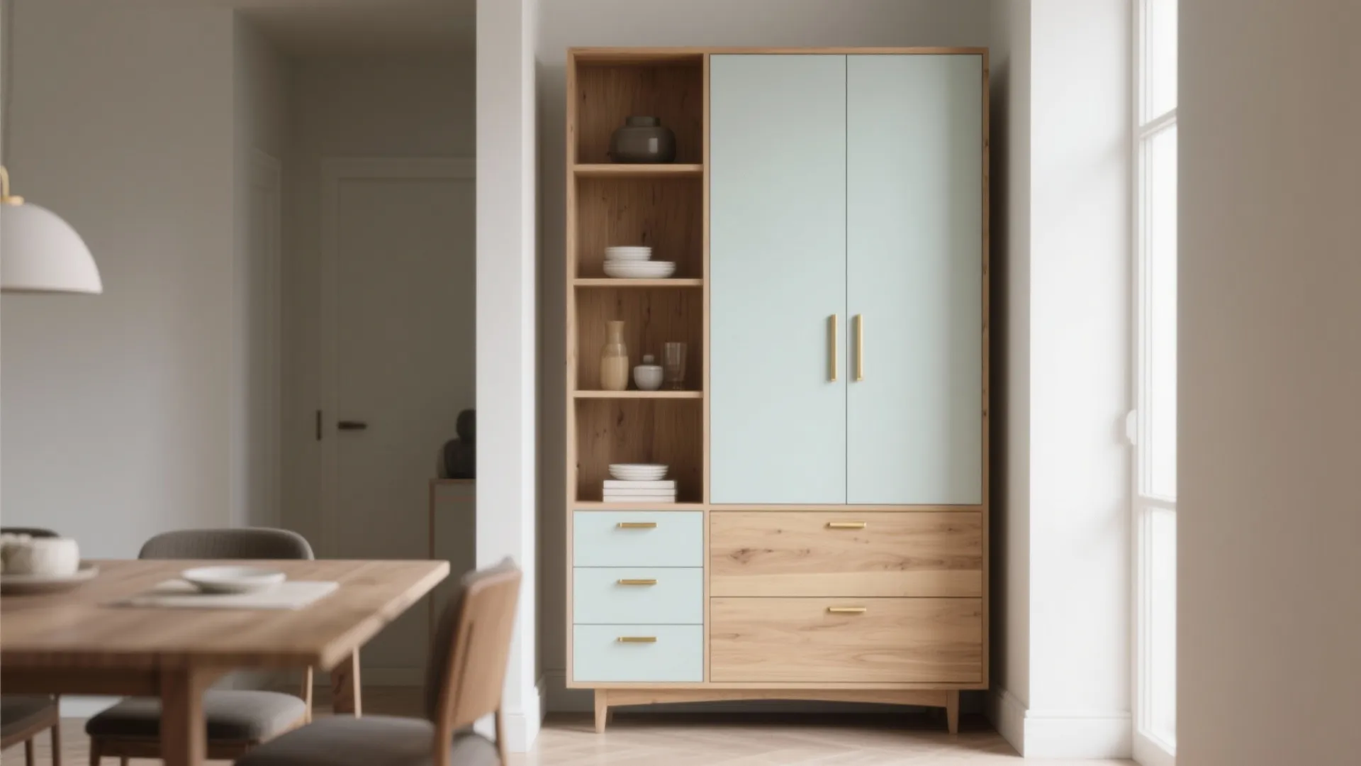 Modern tall wooden cabinet with light blue doors and open shelves in a bright dining room